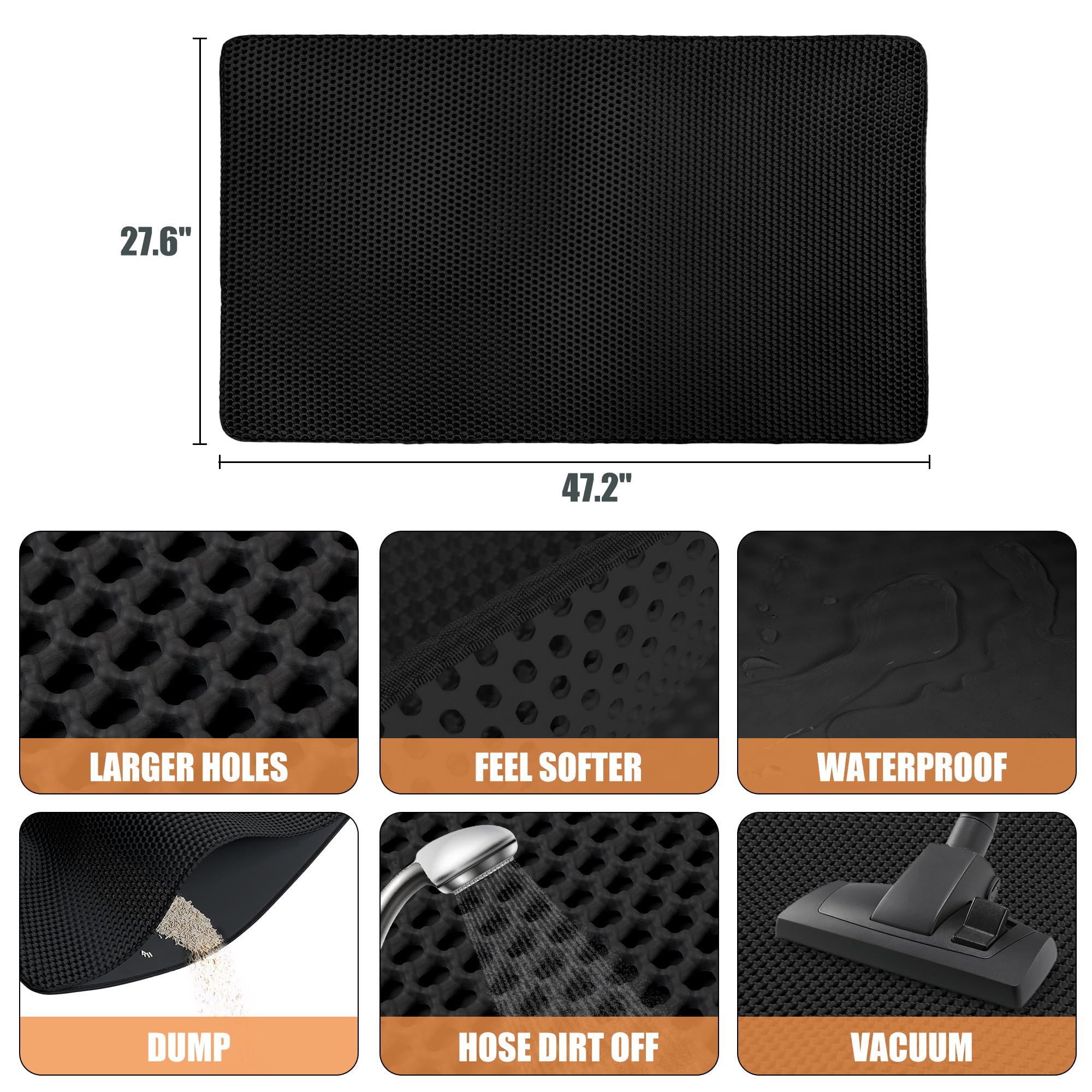 Cat Litter Box Mat- (47" x 27"), Extra Large,Double Layer Honeycomb Pad Rug, Waterproof Cat Litter Trapping Mat, Non-Slip, Easy Clean,Durable,Black - image 3