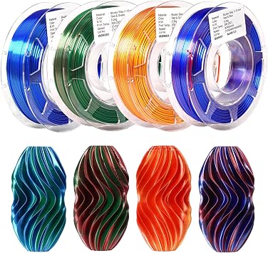 1.75mm Silk 3D Printer Filament 4 Pack Bundle,Shiny Dual Color Per Inch, Smooth for Most FDM Printers Dual Color - Red&Blue/Red&Green/Red&Gold/Blue&Green, 4 x 200g