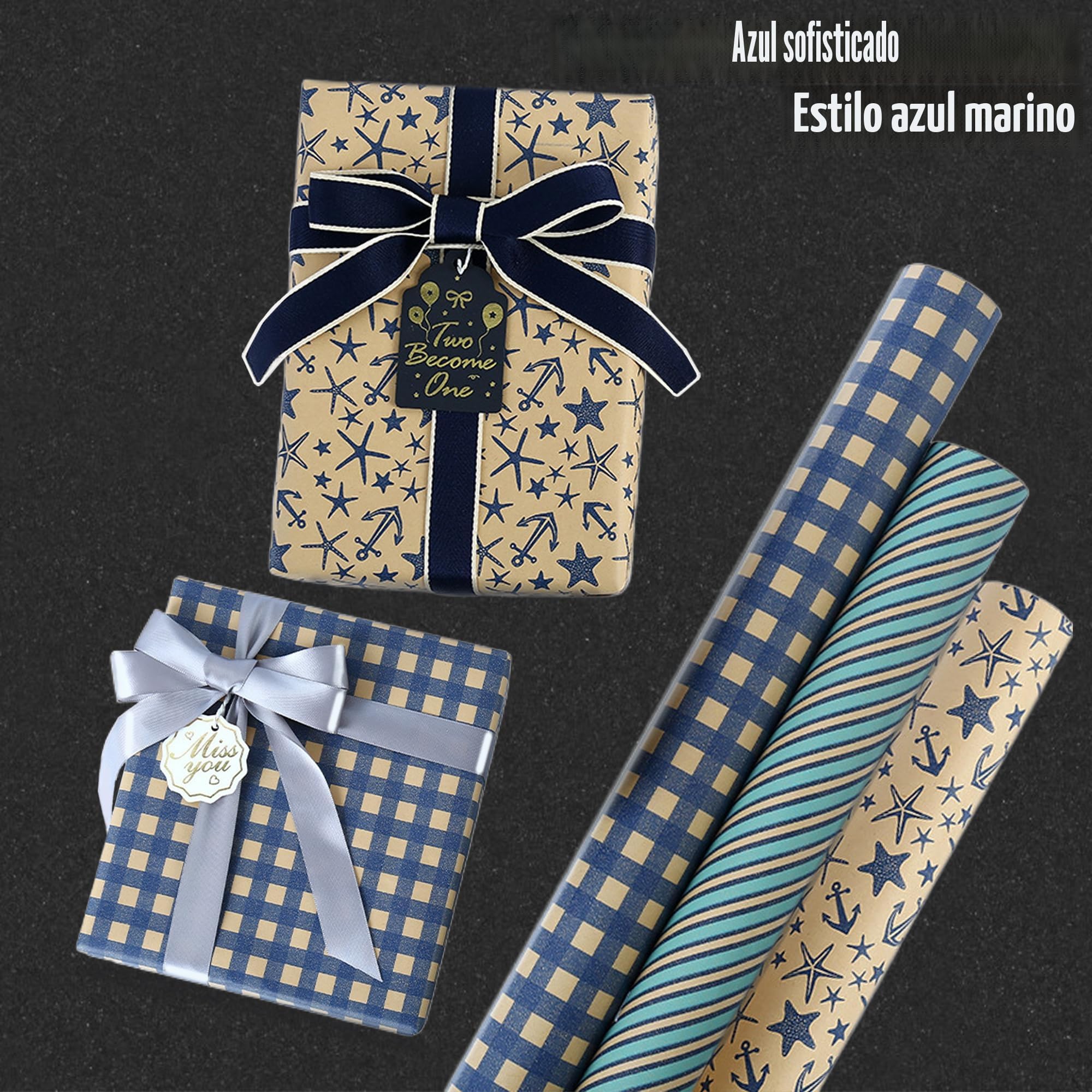 Dantolo 8 Piezas Rollo Papel Kraft Decorado, 50x70cm Papel Para Envolver Regalos, Papel Regalo Kraft con cuerda de cáñamo para Cumpleaños, Navidad, Bodas