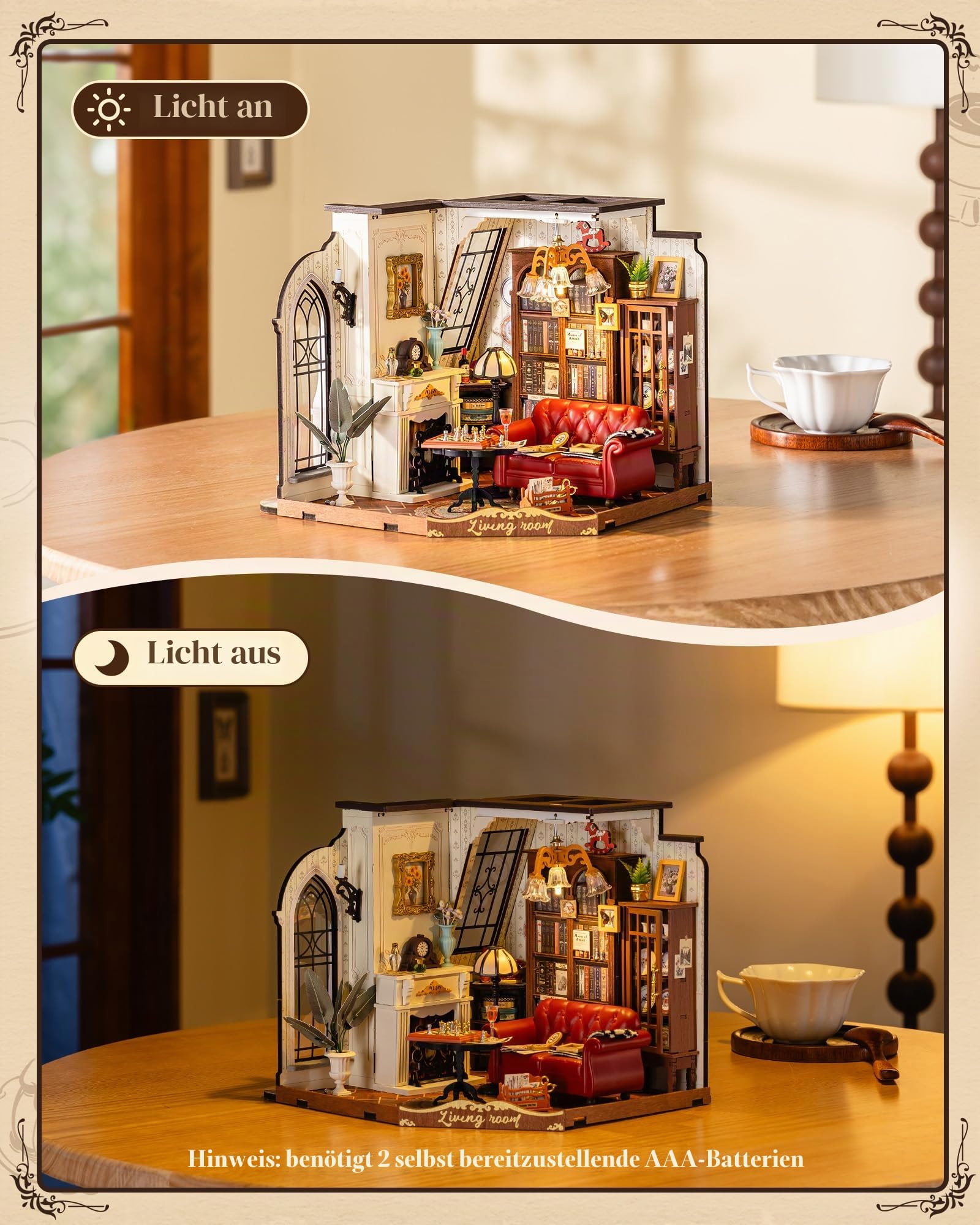 ROBOTIME Miniaturhaus-Bausatz Catherine's Living Room, Puppenhaus-Modell aus Holz mit LED-Beleuchtung, Kreativ-Bausatz für Erwachsene, Vintage-Geschenk für Frauen oder Mädchen