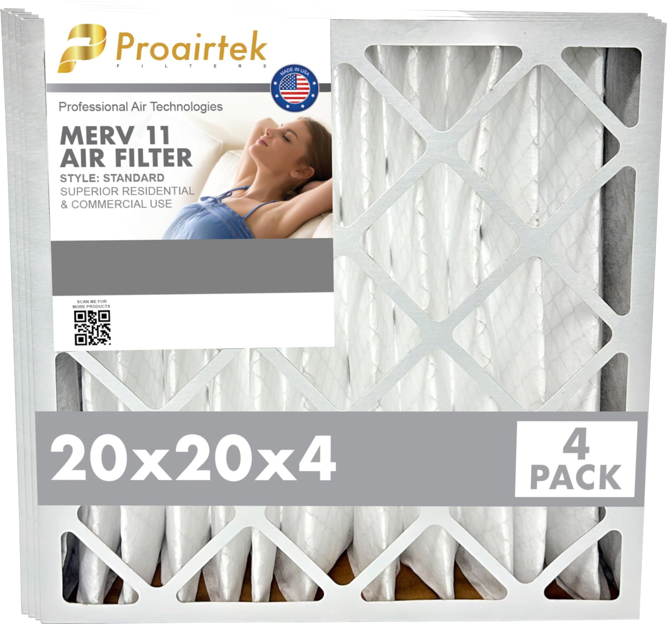 Proairtek AF20204M11SWH Model 20x20x4 Pack of 4 Air Filters, MERV 11; Ideal for Anyone Wanting Clean, Crisp Air in Their Home