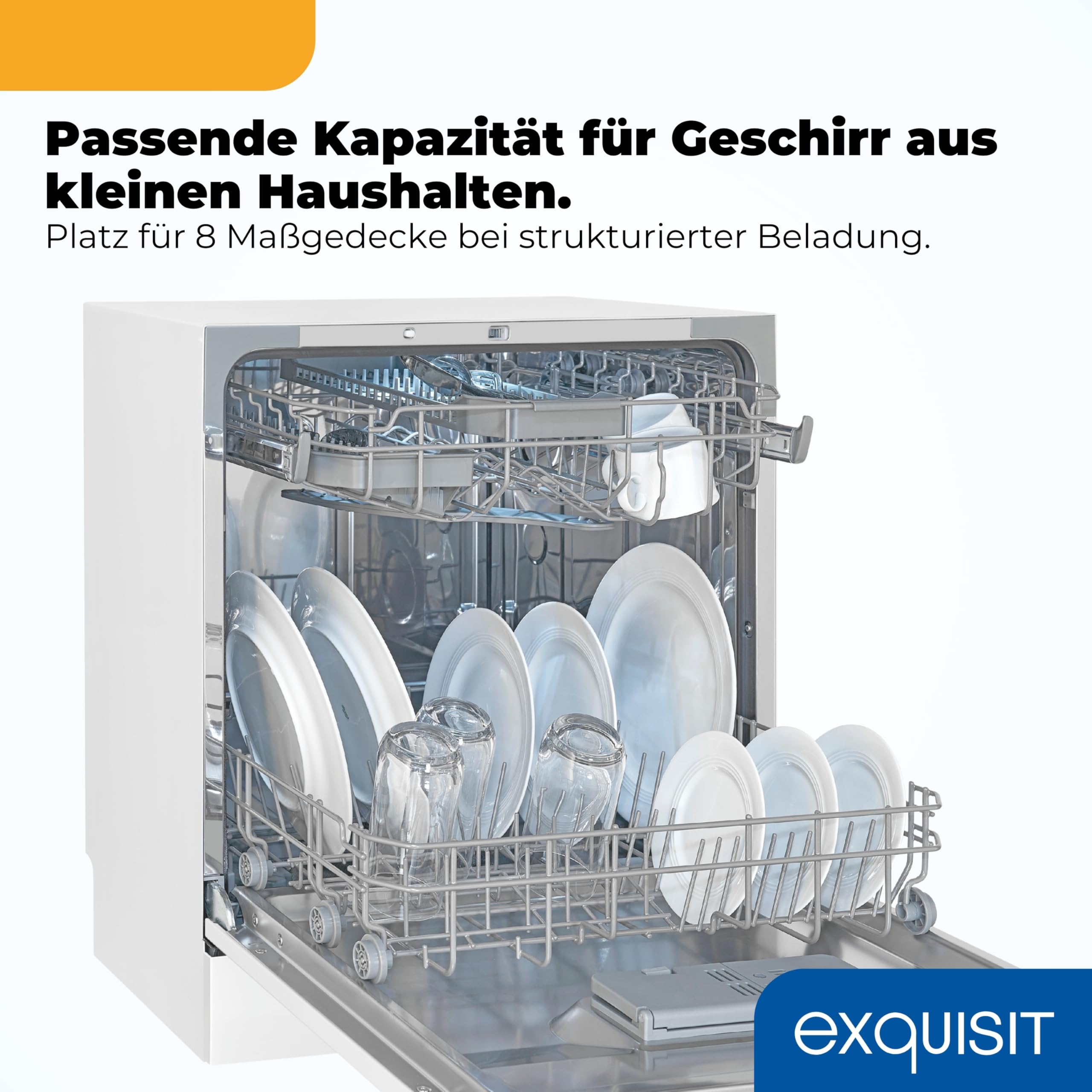 Exquisit GSP5508-030D Tischgeschirrspüler Spülmaschine Weiß 8 Maßgedecke Energieklasse D 7 Programme Extra-Trocknung Auto Door Open Innenbeleuchtung Startzeitverzögerung 49 dB