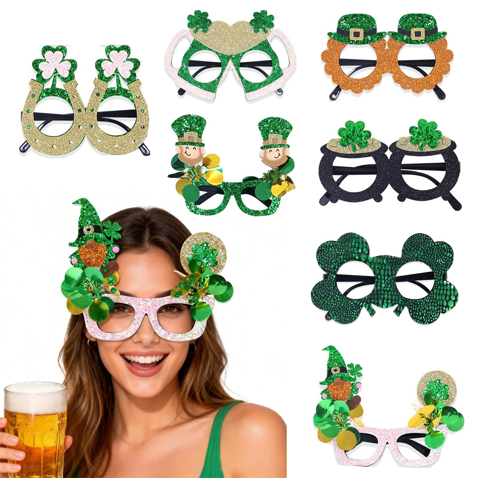 7Pcs St Patricks Decorations Party Glasses,7Style Irish Themed Paper Eyewear,St. Patrick'S Day Frames Photo Booth Props,Galentines Eyeglasses Accessory four Leaf Clover Party Gifts for Family Friends