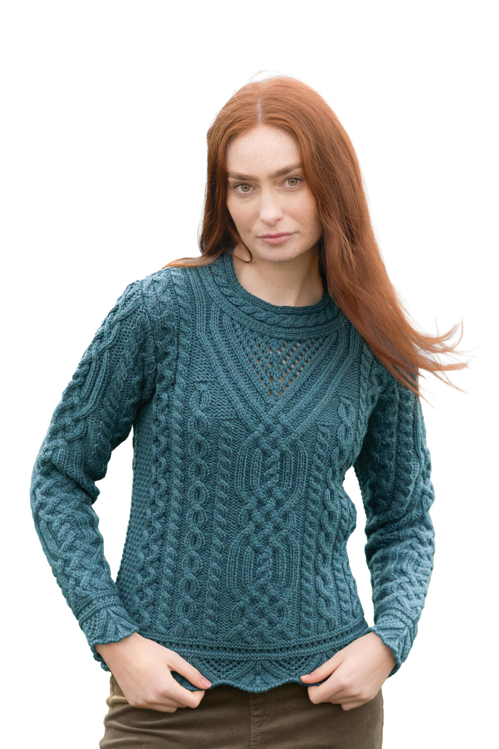 Aran Crafts Scallop Hem Crew Neck Sweater Authentic and Traditional Artisan Craftsmanship Comfortable and Stylish 100 Merino Wool