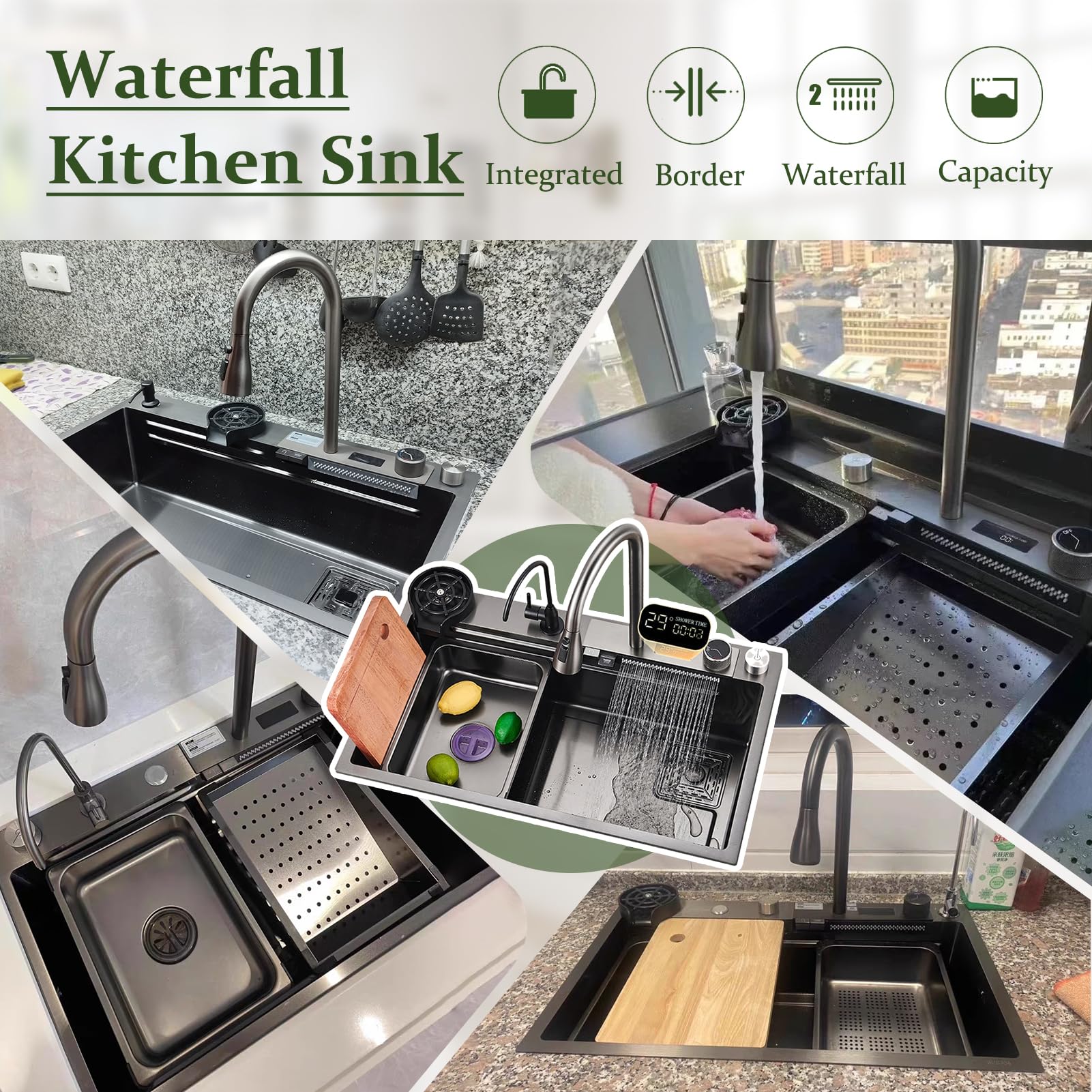 Lavello da Cucina, 1 Vasca, Nero da Incasso, 75 x 45 cm, Acciaio Inox, Grande, da Lavoro, indicatore della Temperatura dell'Acqua, con Set Rubinetto Estraibile