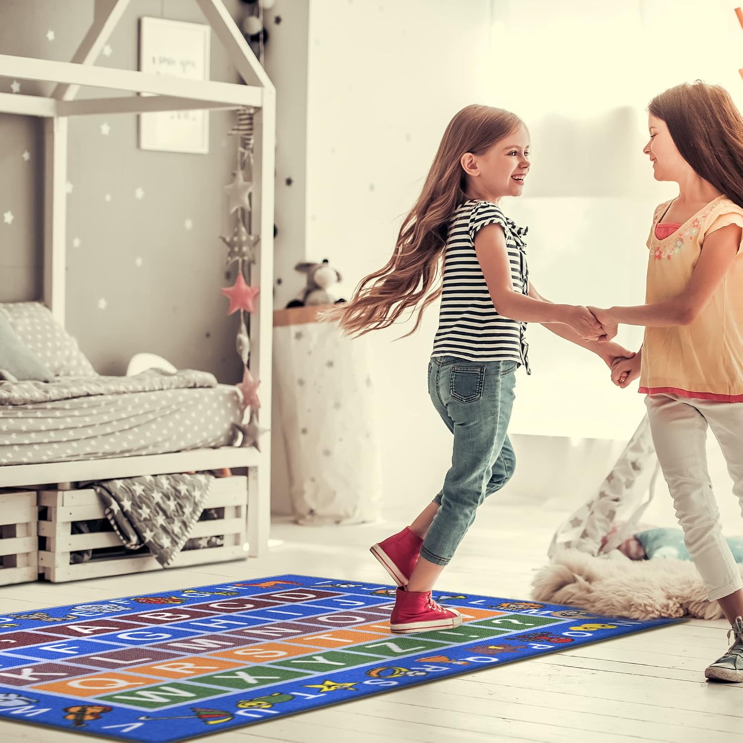 Machine Washable Educational Alphabet Design Non-Slip Rubberback 3x5 Kid's Area Rug for Playroom, Kid's Room, Bedroom, Kindergarten, 3'3" x 5', Blue