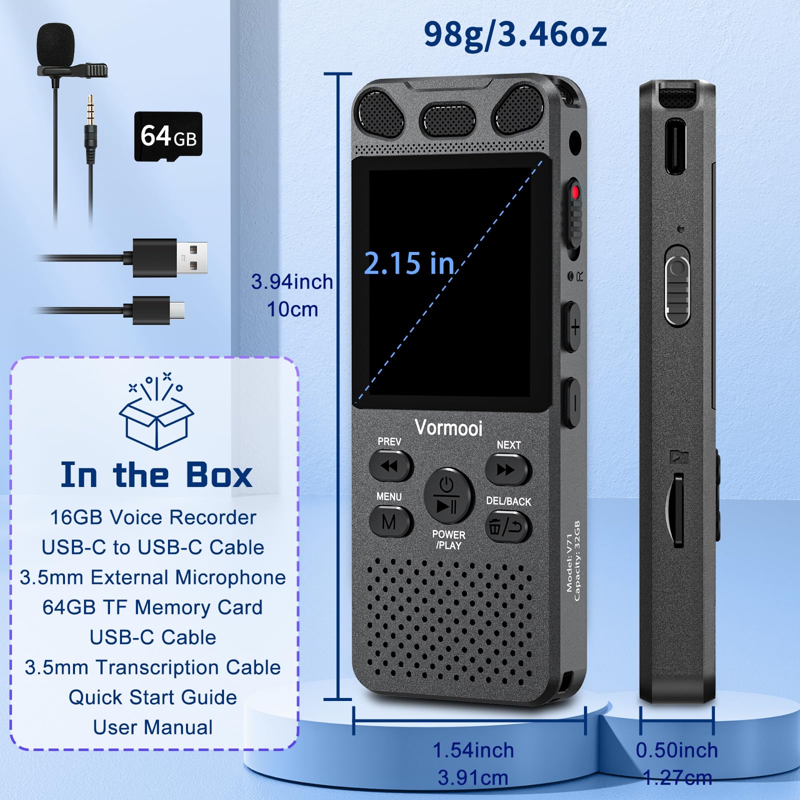 Digitaler Voice-Recorder, 80 GB, 110H, professioneller Audio-Recorder mit 5,4 cm (2,15 Zoll) Farbdisplay und externem Mikrofon, Vormooi USB C, tragbarer MP3-Recorder, Sprachaktivierung für Studio