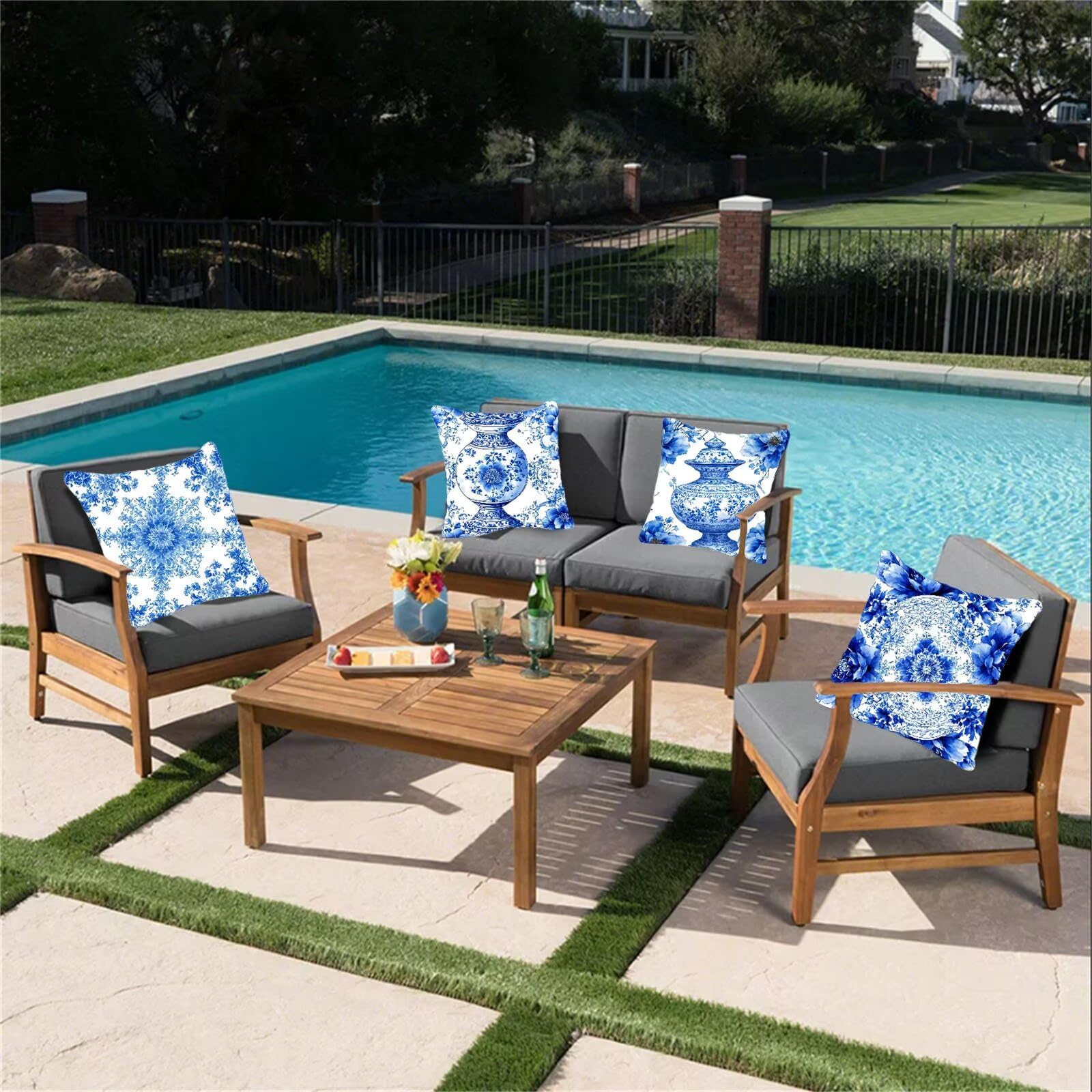 Kissenbezug 55x55 4er Set, Outdoor Kissen Blau Sofakissen, Wasserdicht Kissenbezüge Modern Dekokissen mit Unsichtbarem Reißverschluss, Zierkissenbezüge für Schlafzimmer Sofa Stuhl Bett Garten G1-626
