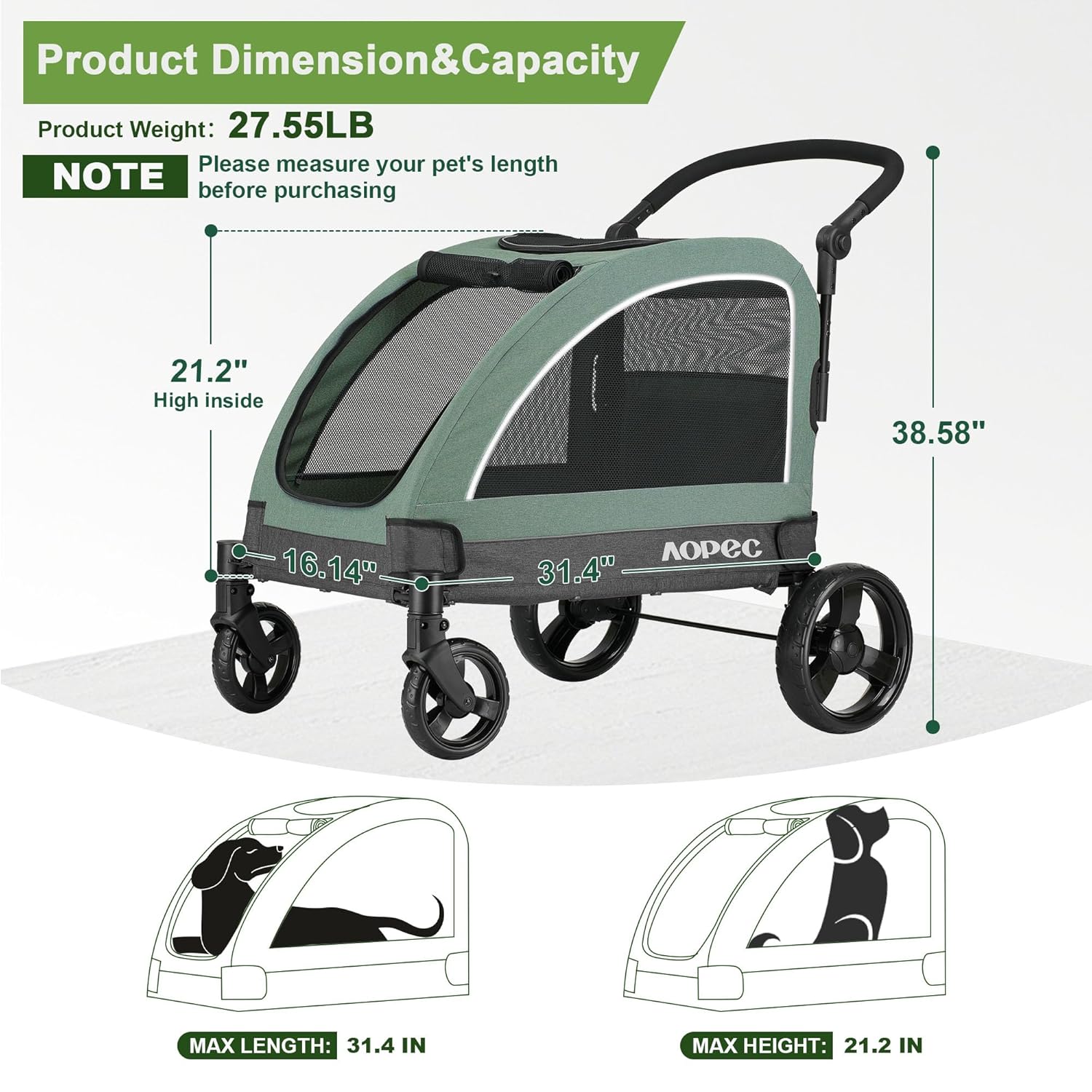 large dog stroller - dual entry safety folding pet stroller with adjustable handle, all-terrain 4-wheel, 160 lbs weight capacity for travel & outdoor adventures - green