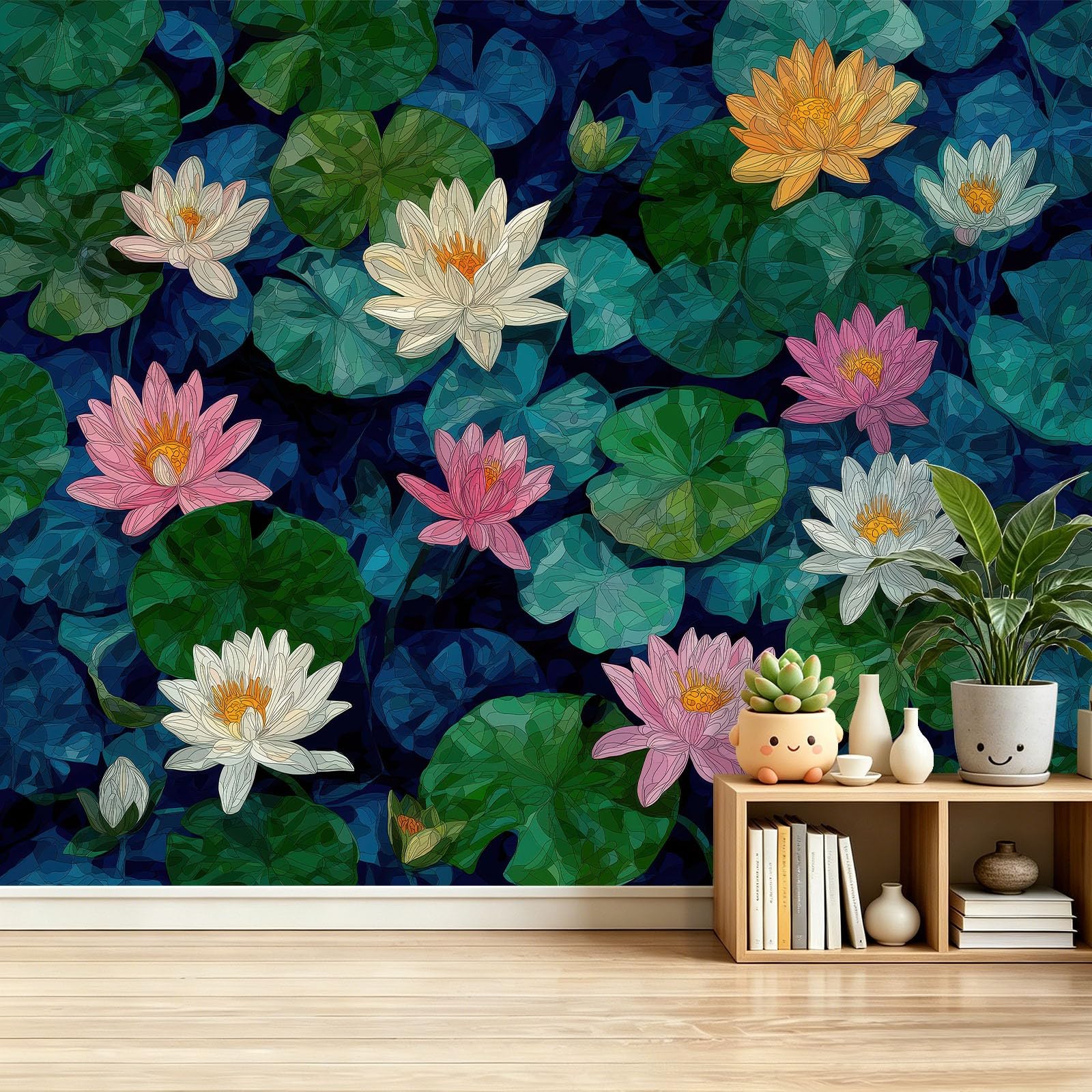 Fototapeta ciemnoniebieska, zielona, tapeta 350 x 256 cm (szer. x wys.), nowoczesna tapeta z włókniny, efekt 3D, dekoracja ścienna, orientalne lilie wodne, staw lotosowy, tapeta ścienna do salonu