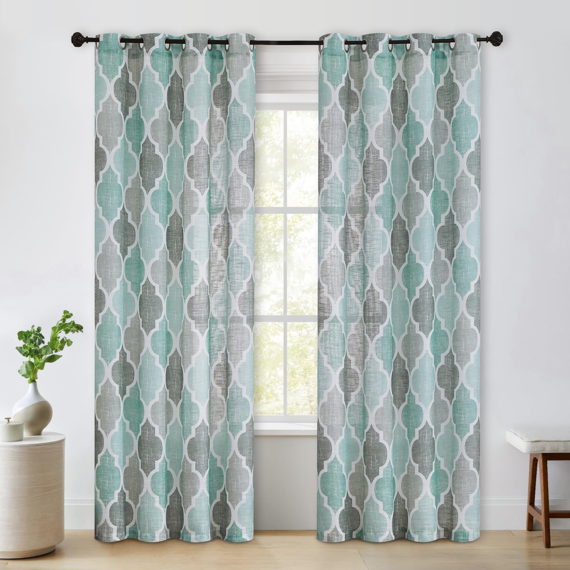 Beauoop Linen Semi Sheer Curtains 84 Inches Long 2 Panels for Bedroom Living Room Aqua Grey Moroccan Geo Farmhouse Light Filtering Privacy Textured