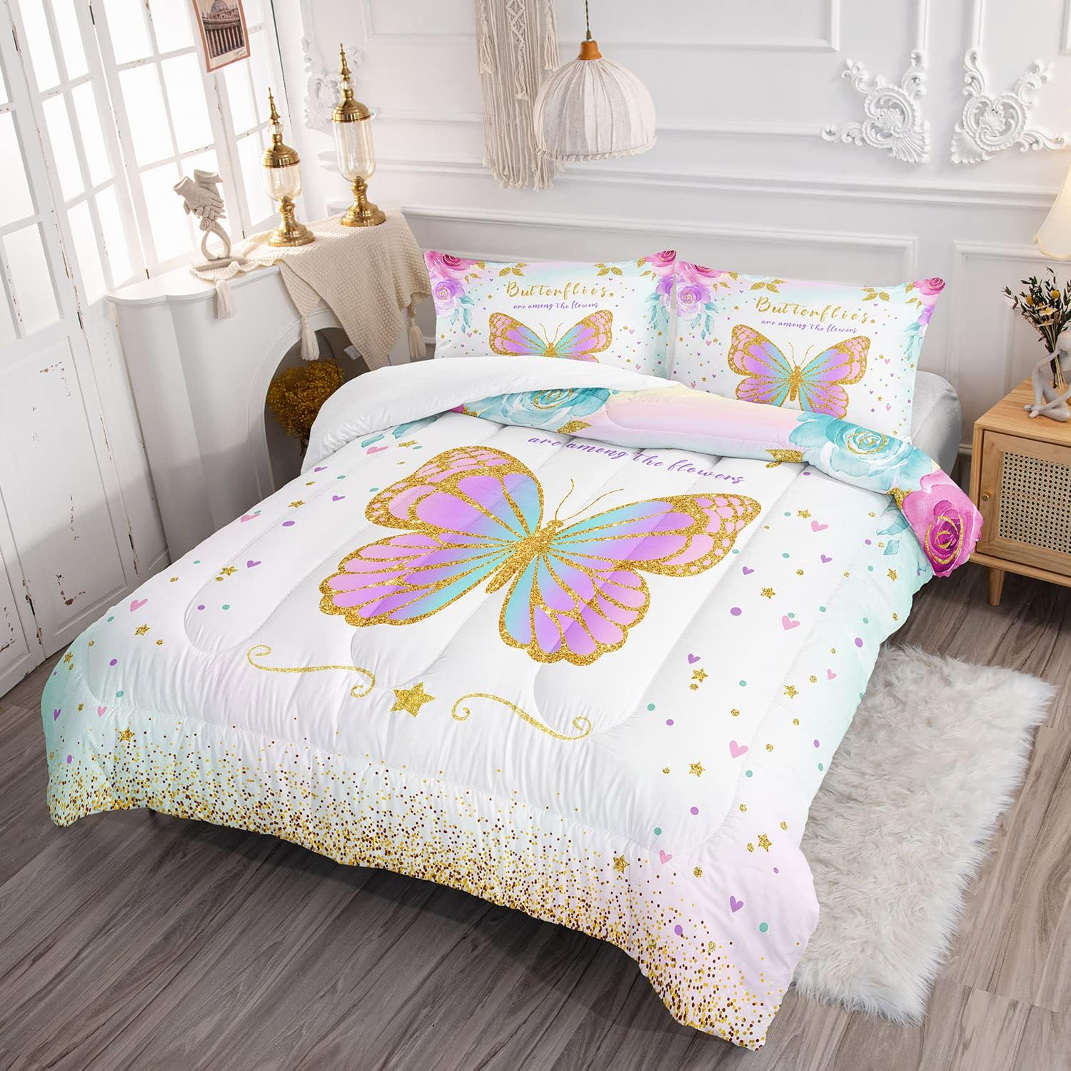 CVHOUSE Butterfly Bedding Set - Twin Butterfly Comforter Set with 1 Comforter and 2 Pillow Cases - 3 Piece