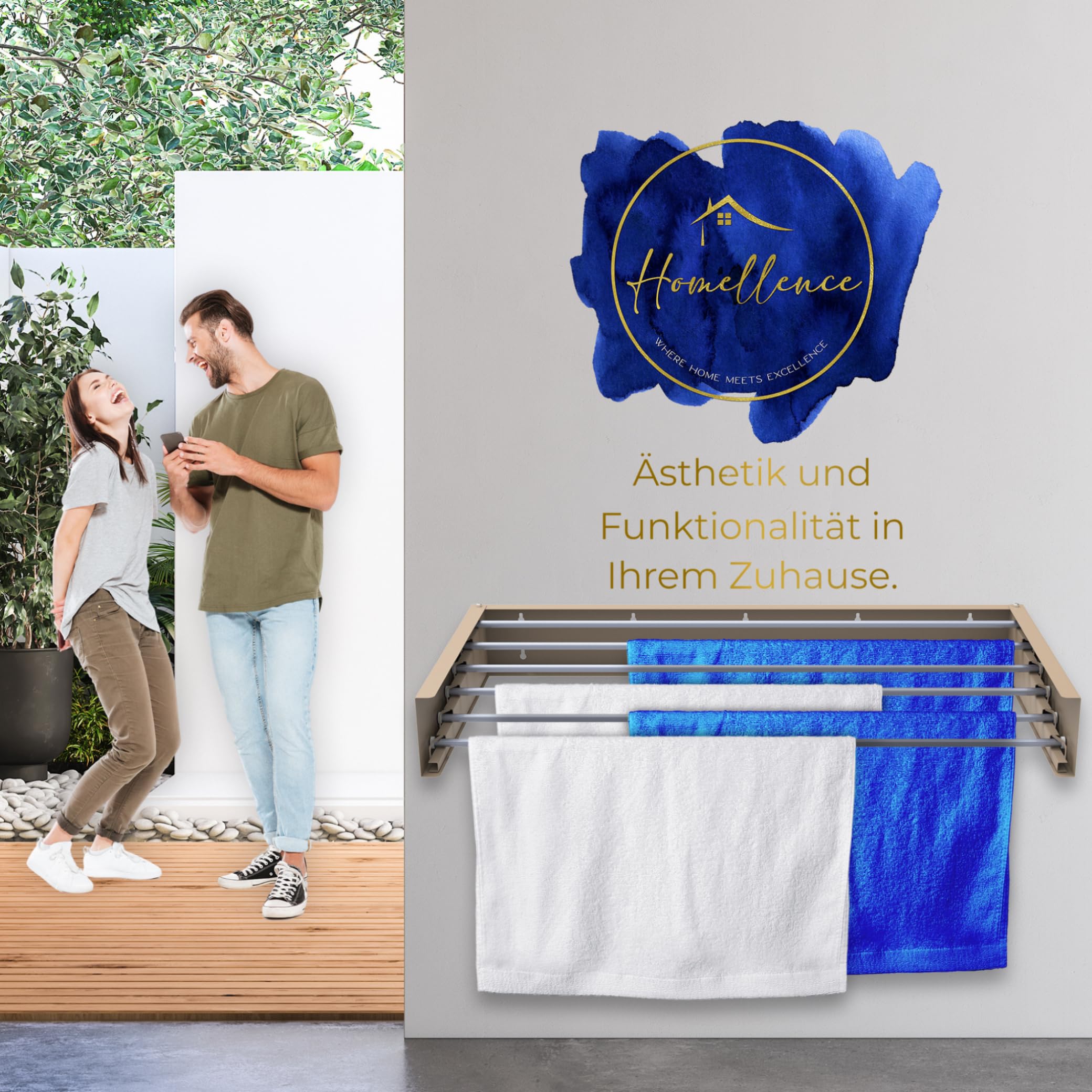 Homellence - Eleganter Wäscheständer Wand ausziehbar - Wandwäschetrockner ausziehbar platzsparend - Robuster Wäschetrockner Wand - Wäscheständer Wandmontage mit 6m Trockenlänge (100 cm, Cappuccino)