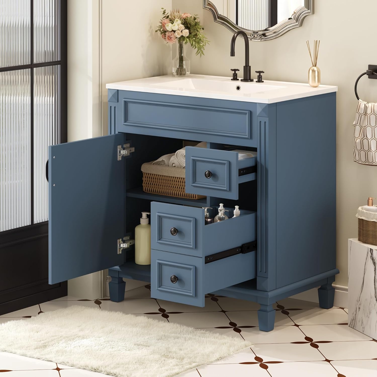 30 Inch Bathroom Vanity with Ceramic Sink & Integrated Countertop,Blue Bathroom Vanity with Right Drawers & Adjustable Shelf,Soft Closing Doors,Solid Wood Frame,French Embossed Front