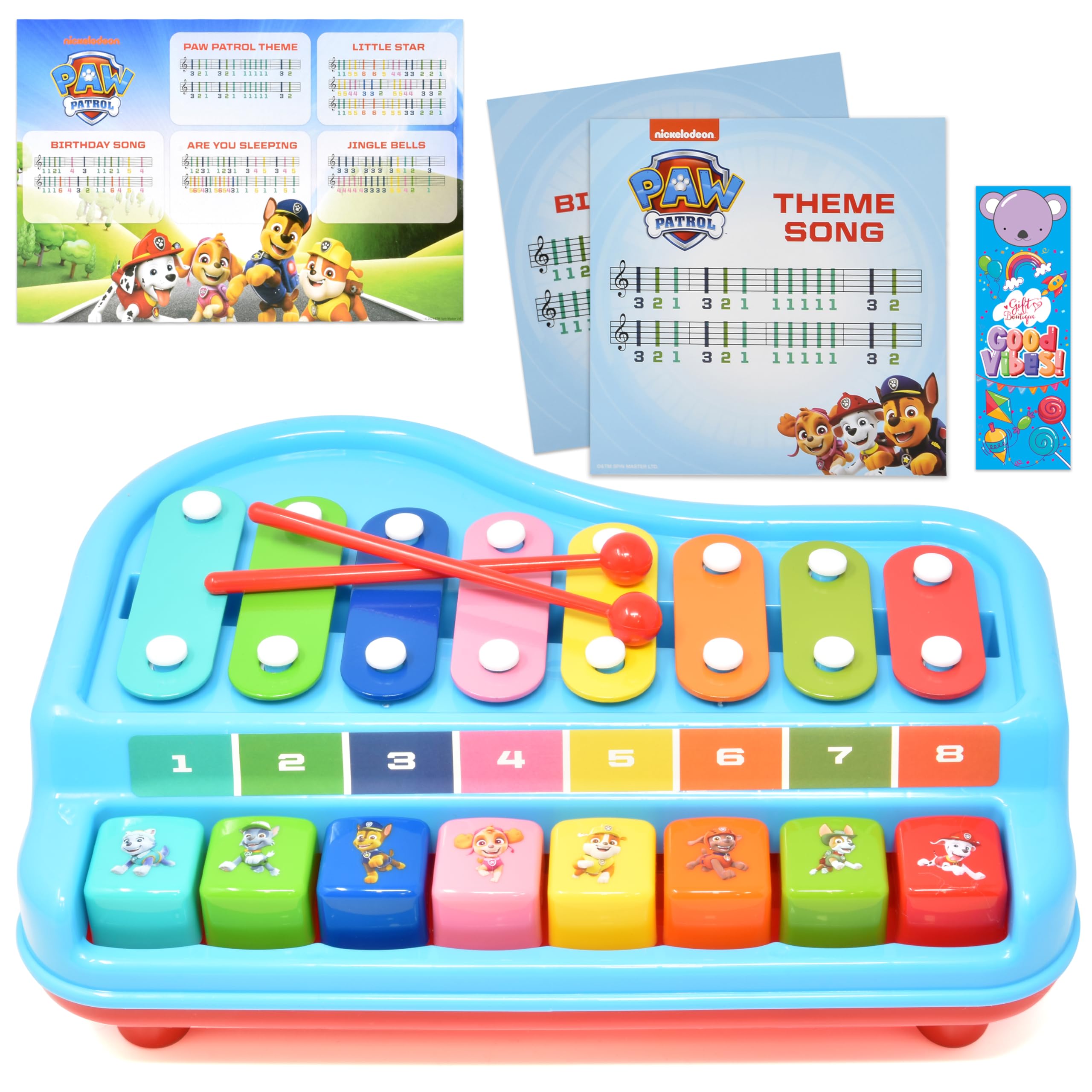Paw Patrol 2-in-1 Baby-Klavier-Xylophon-Spielzeug für Kinder, Kleinkinder, Mädchen, Jungen, Musikinstrument mit bunten Tasten, Tastatur, Notenblätter, zwei Schlägel