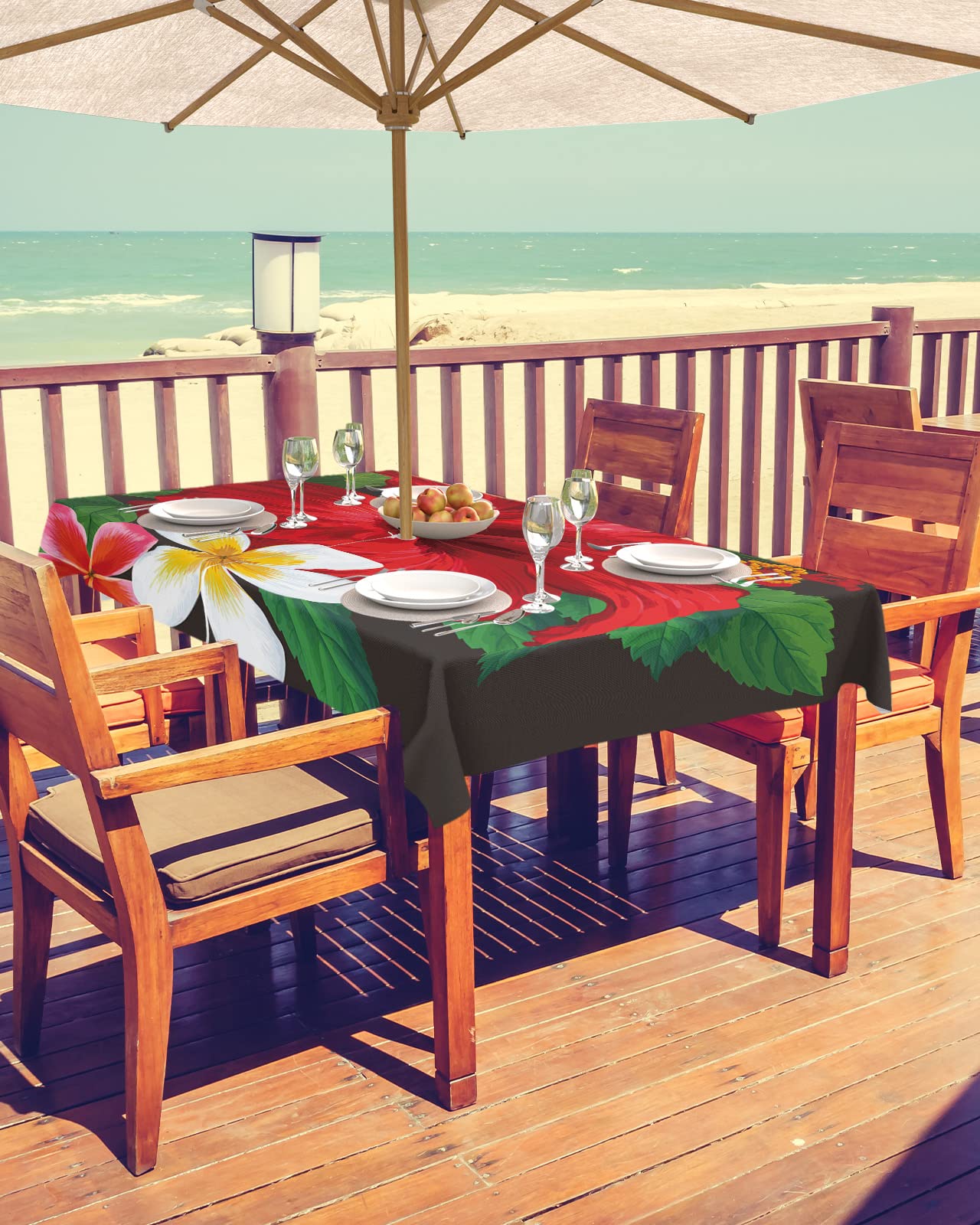 QueenKer Outdoor Tablecloth with Umbrella Hole for Patio, Red Hibiscus Flowers Rectangle Tables Waterproof Tabletop Collection for Garden, Picnic, Camping 52 x 70 inch