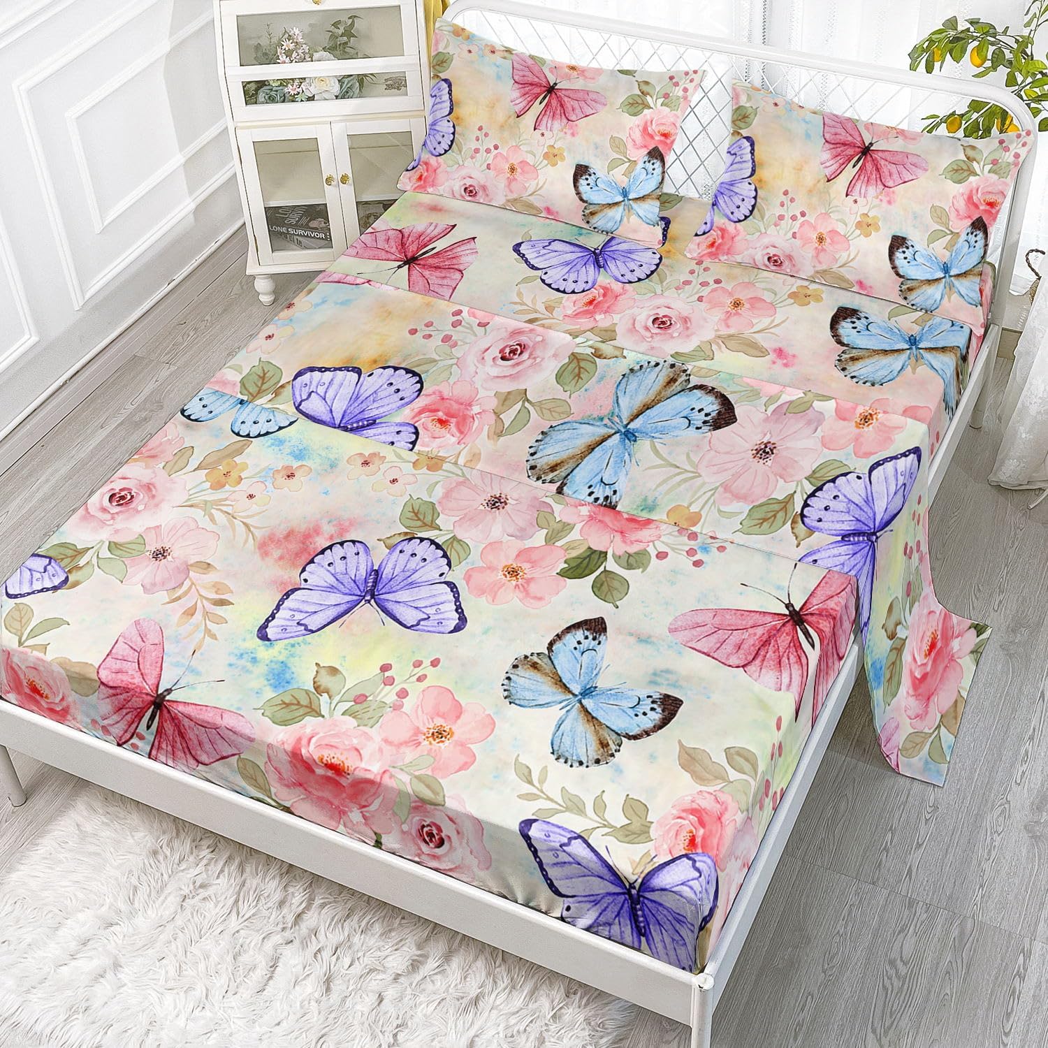 Datura home Bedding Fitted Sheet and Flat Sheet Set 4Pcs