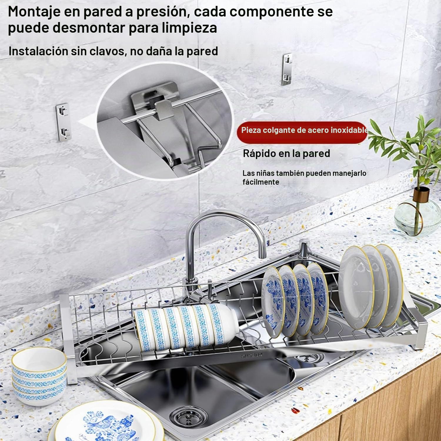 Escurreplatos Colgante, Escurreplatos De 2 Niveles sobre Fregadero Escurridor De Platos De Acero Inoxidable Montado En La Pared con Escurridor Y Jaula para Palillos Colgantes,60CM