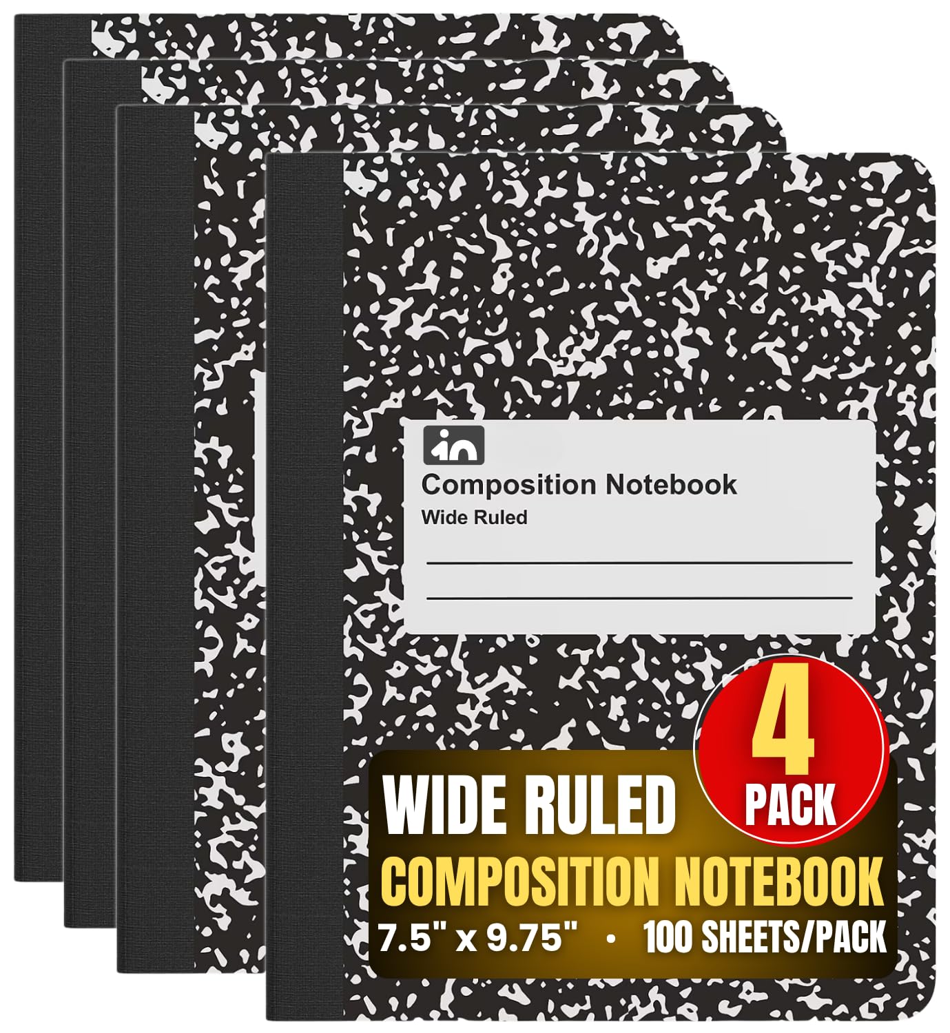 1InTheOffice Composition Notebook Wide Ruled, 1 Subject Notebook, Marble, 7.5" x 9.75", 100 Sheets, Black, 4 Pack
