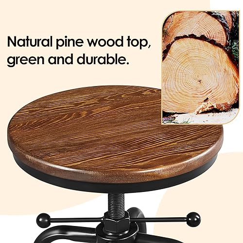 Miniatura 6 de Yaheetech Taburete de bar industrial, vintage, rústico, altura de mostrador, taburete de bar de metal, ajustable con asiento redondo de madera,