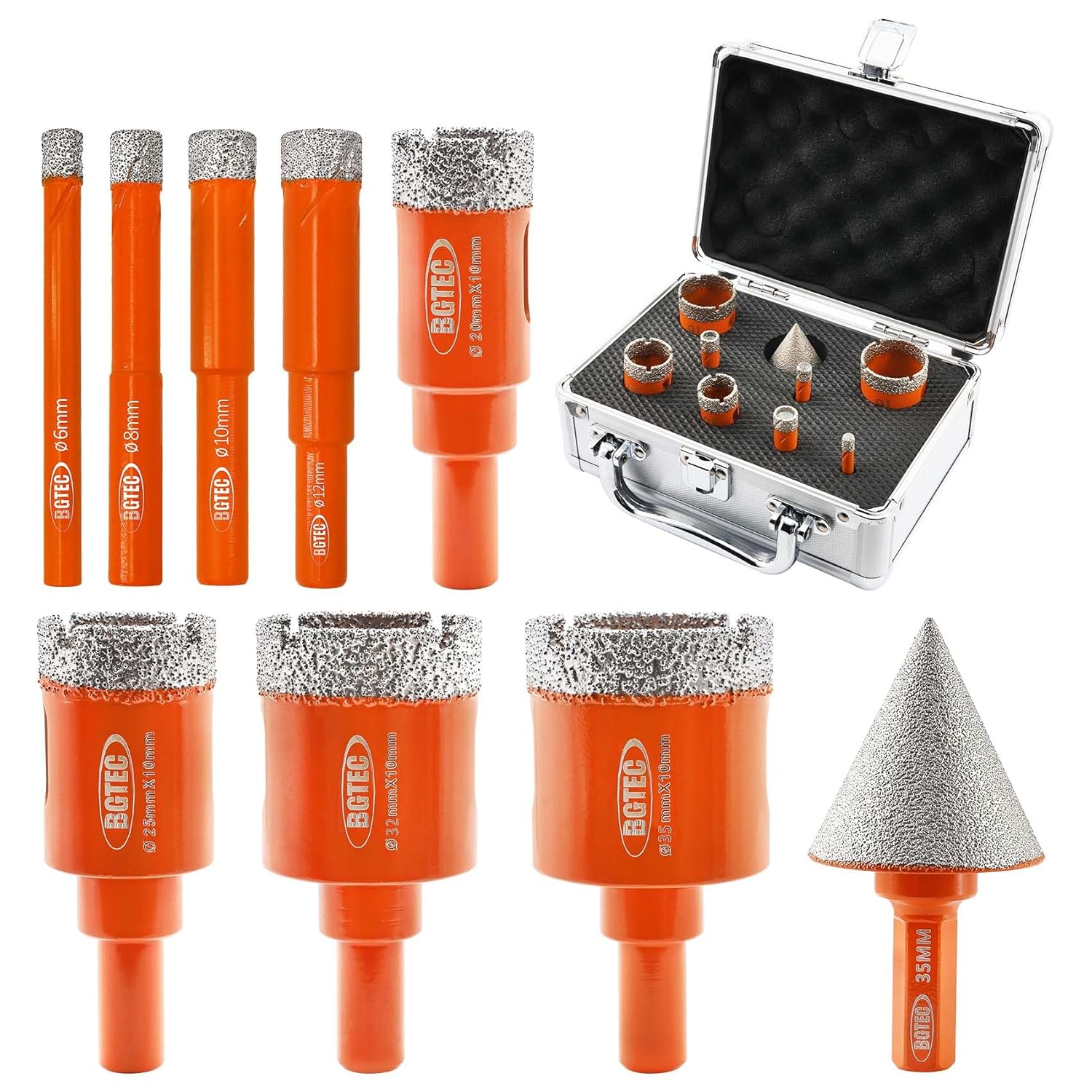 Dry Diamond Drill Bit Set - BGTEC 6/8/10/12/20/25/32/35mm Hole Saw and 1pc 1-3/8" Dimaond Chamfer bit for Granite Marble Porcelain Ceramic,Vacuum Brazed Diamond Core Drill Bit Kit