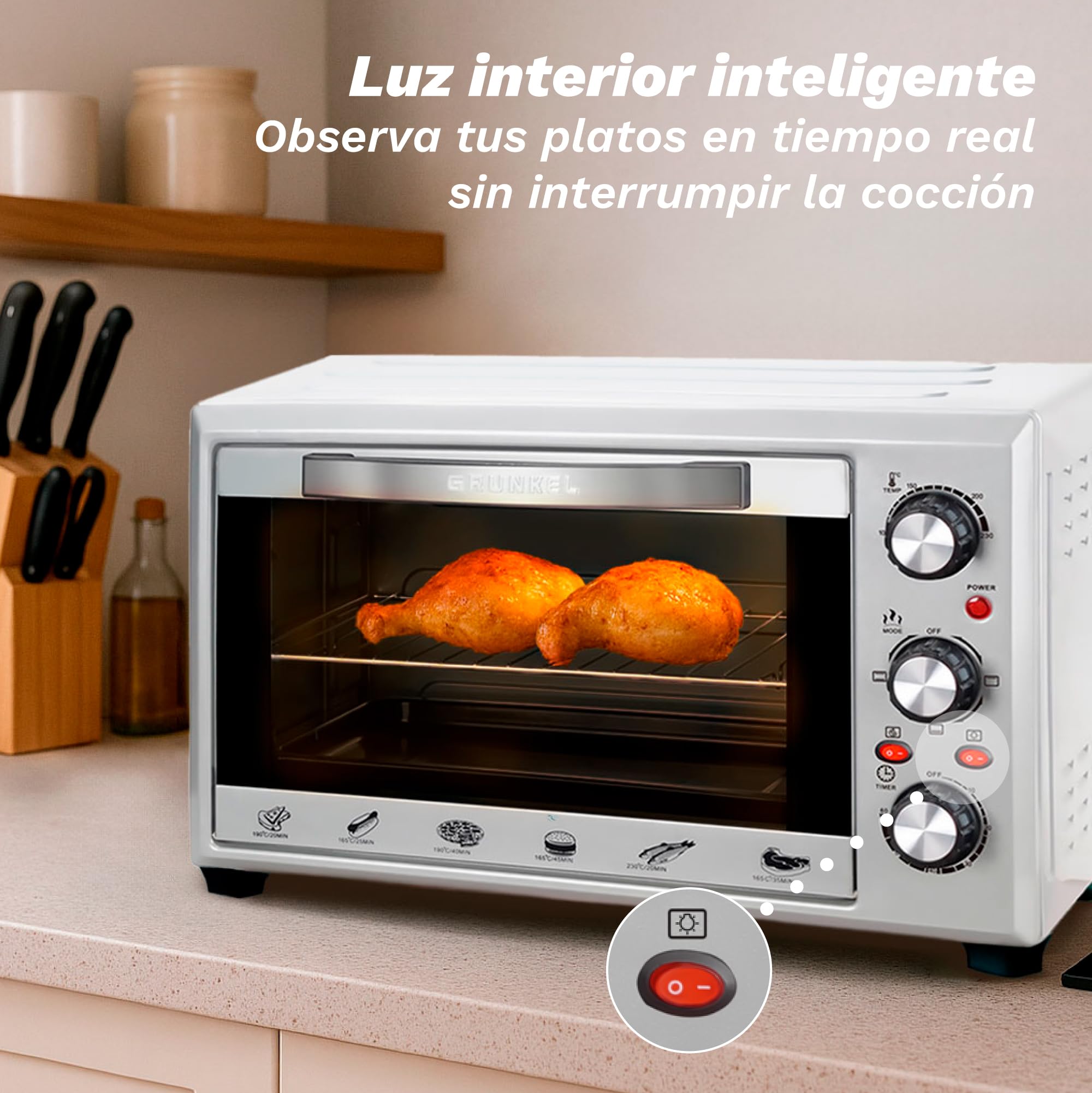 Grunkel Horno eléctrico multifunción de sobremesa de 28L con 3 funciones de calor y selector de temperatura hasta 230ºC. Temporizador hasta 60 min - 1600W