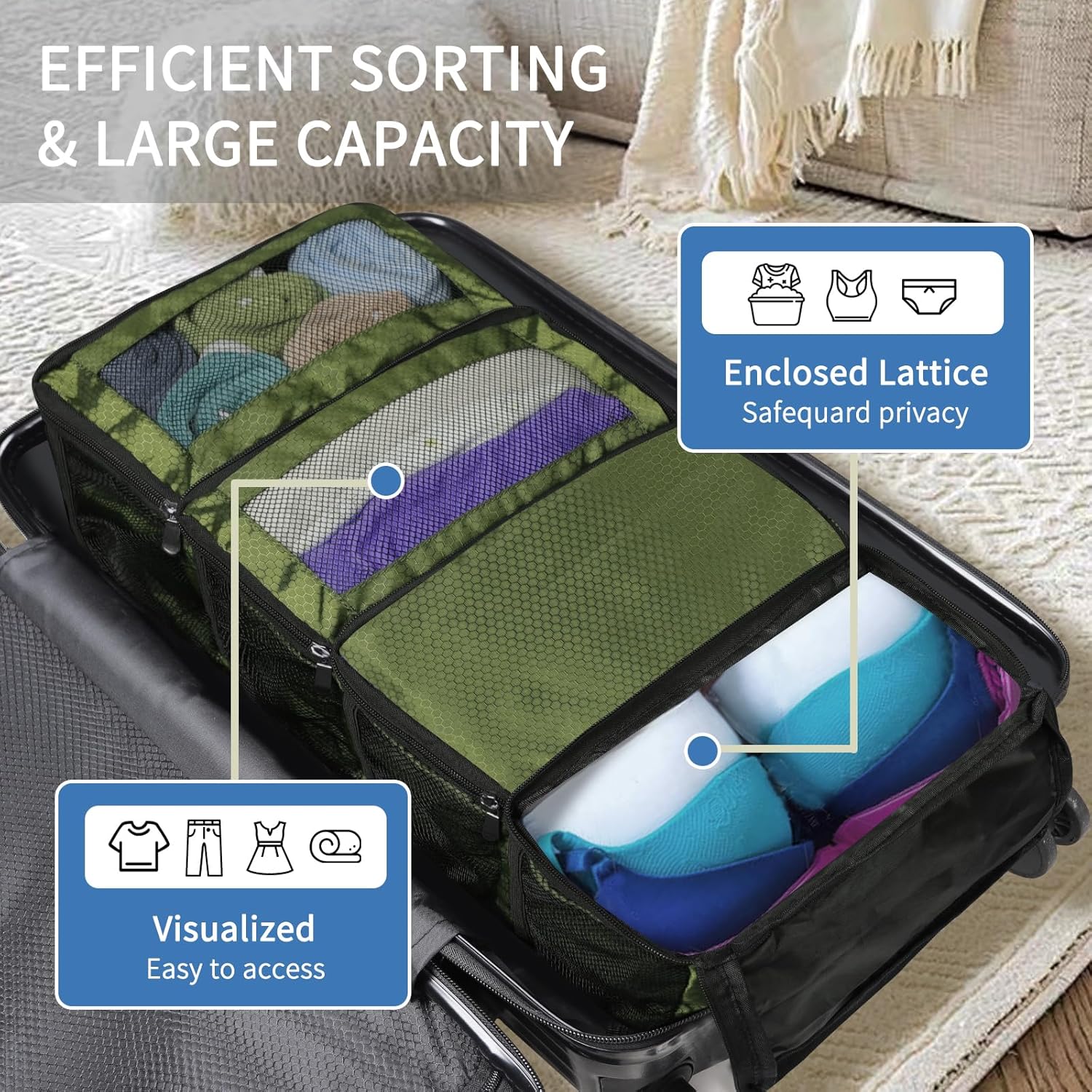 Hanging Travel Luggage Organizer Travel Bag Packing Organizers Luggage Organizer for Suitcase Carry on Closet Hanging Packing Cubes for Travel (Army Green) - Image 3