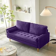 67" Mid Century Modern Loveseat Sofa, 2-Seater Velvet Tufted Love Seat Couch with Bolster Pillows, Golden Frosted Legs for Small Space, Living Room, Apartment, Bedroom Purple