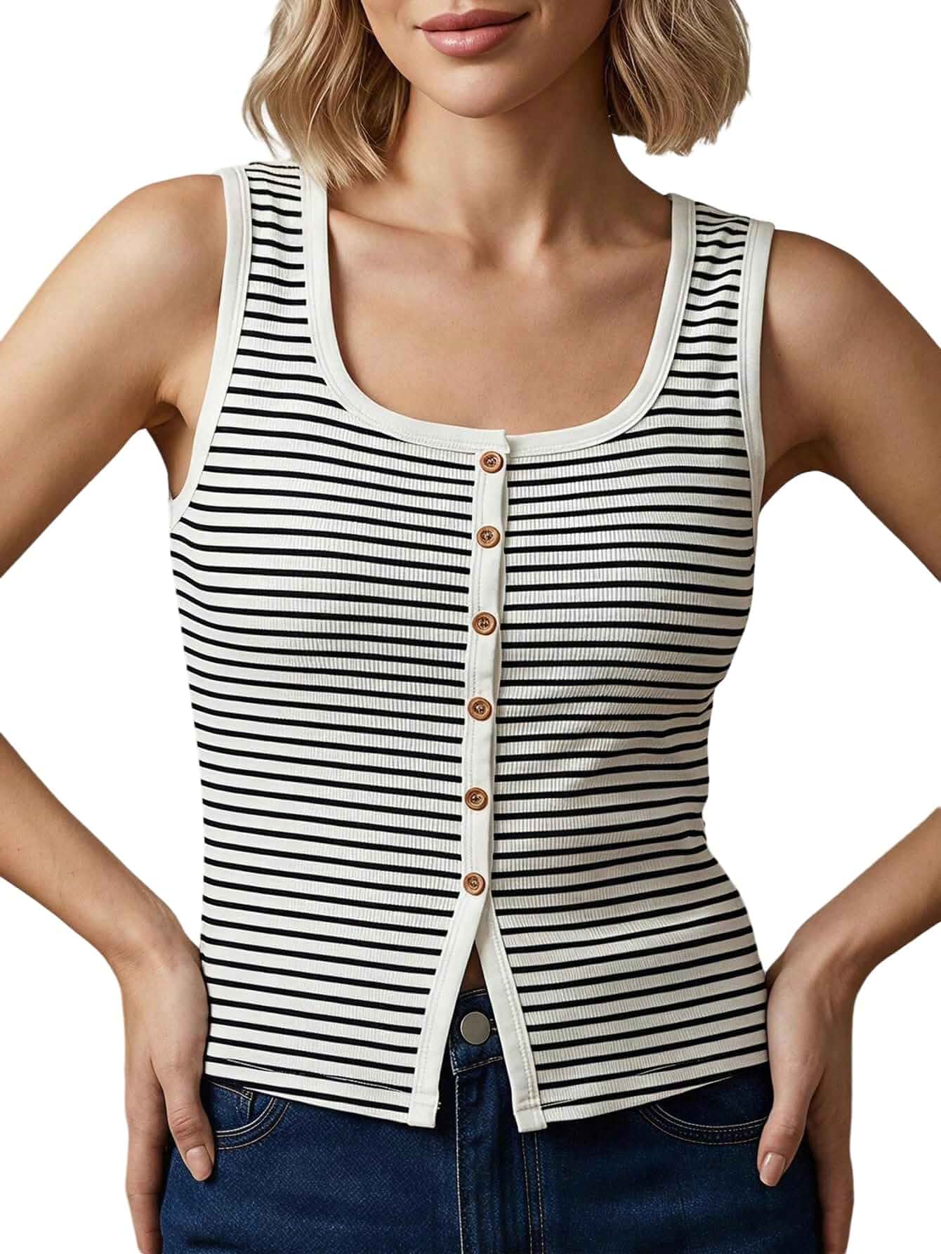 Women's Striped Ribbed Scoop Neck Sleeveless Split Knit Tank Tops Button Front, Vintage, Preppy, Brunch, Office, Work, Dressy Casual, Summer