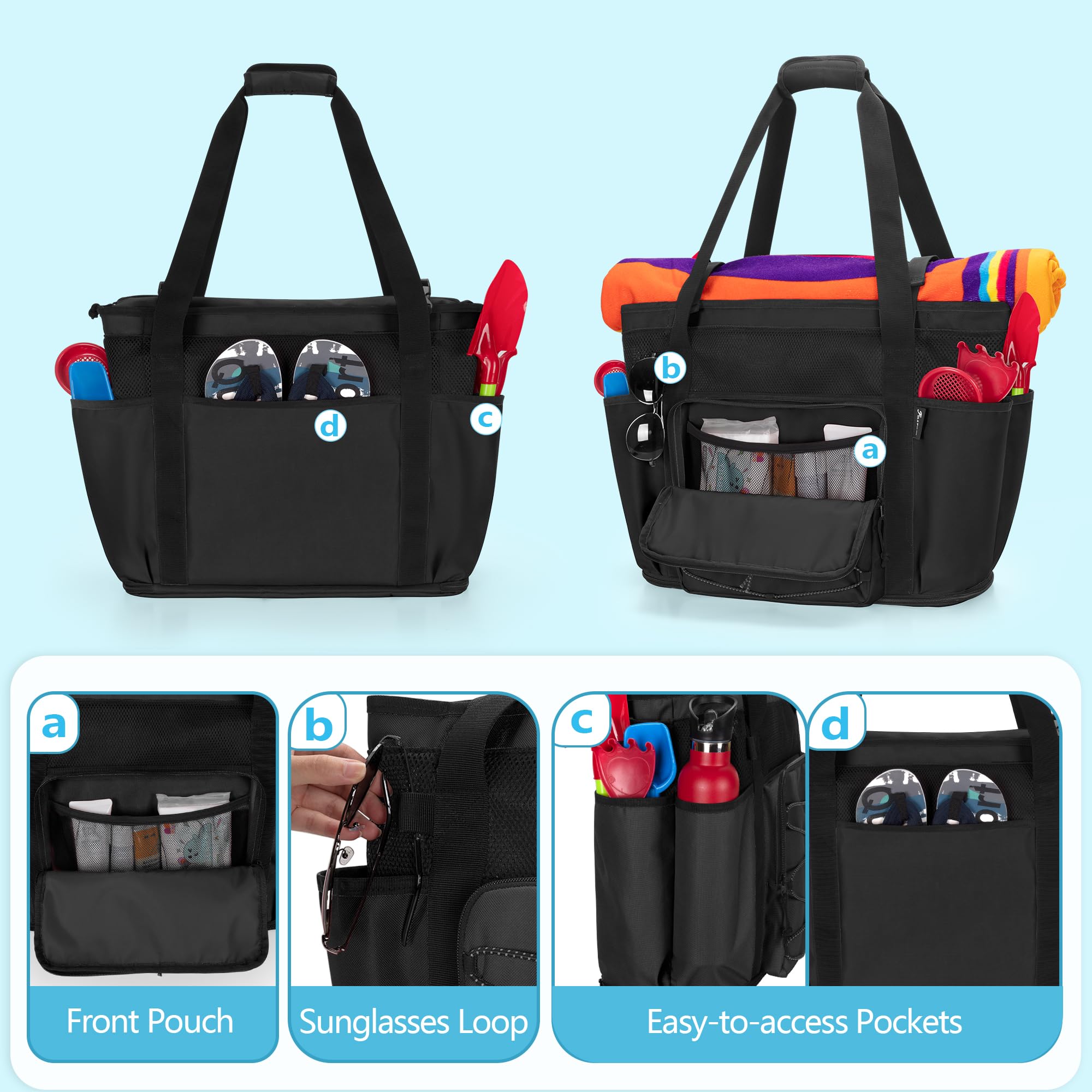 Fasrom Bolsa de playa XXL con cremallera inferior, bolsa de baño XXL familiar, bolsa de sauna para mujer grande, bolsa de natación familiar, bolsa de playa impermeable con cremallera, mochila de playa