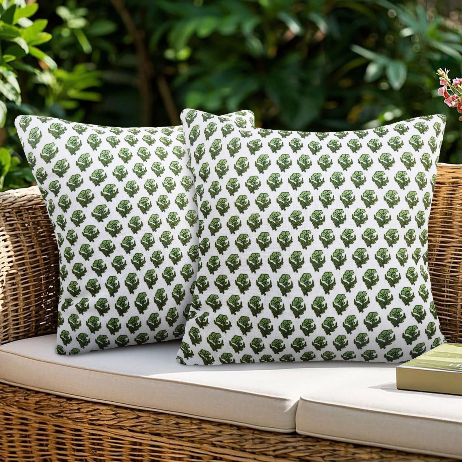 JASEN Green Spring Floral Plant Leaf Outdoor Waterproof Throw Pillow Covers Set of 2 - Double Sided Farmhouse Accent Decorative Pillows Cases for