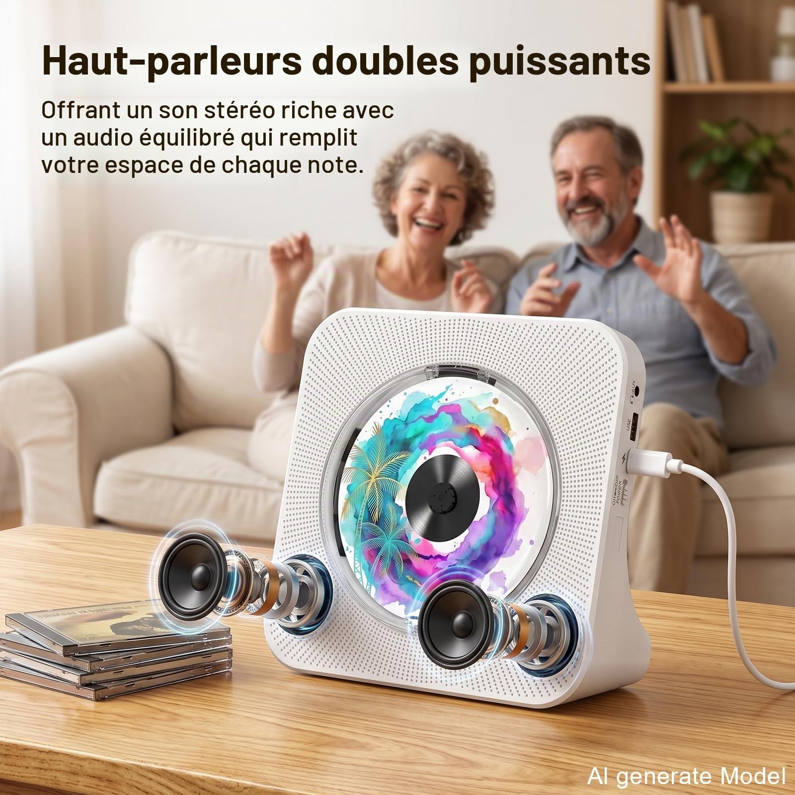 Gueray Lecteur CD Portable Mural Lecteurs CD Bluetooth de Bureau pour la Maison, Double Haut-parleurs HiFi Intégrés, Prise AUX et Casque, Radio FM Boombox avec Télécommande Port USB Écran LCD