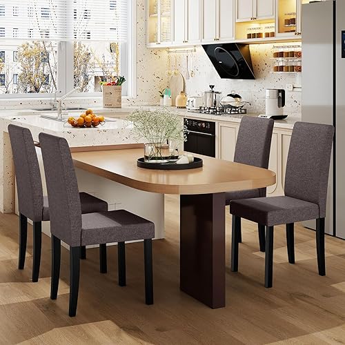 Miniatura 2 de COSTWAY Juego de 4 sillas de comedor sin brazos de tela, sillas laterales tapizadas de cocina con patas de madera de goma, asiento acolchado y