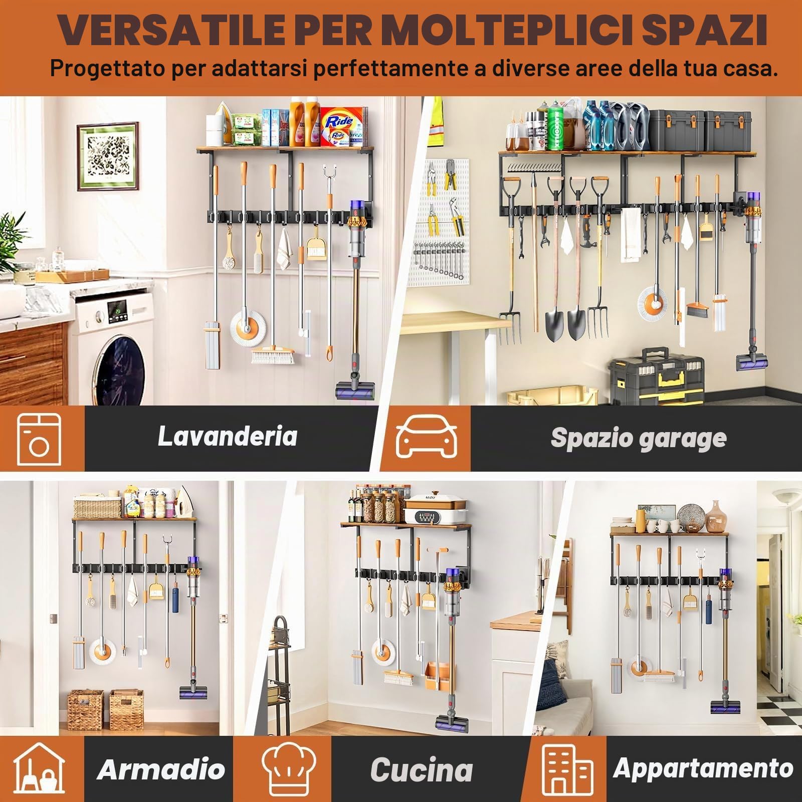 Porta Scope Parete, Portascope da Muro con 5 Supporti e 6 Ganci, Appendi Scope a Muro con Scaffali Organizzatori per Articoli di Pulizia, Ganci da Parete per Lavanderia Double-Sided