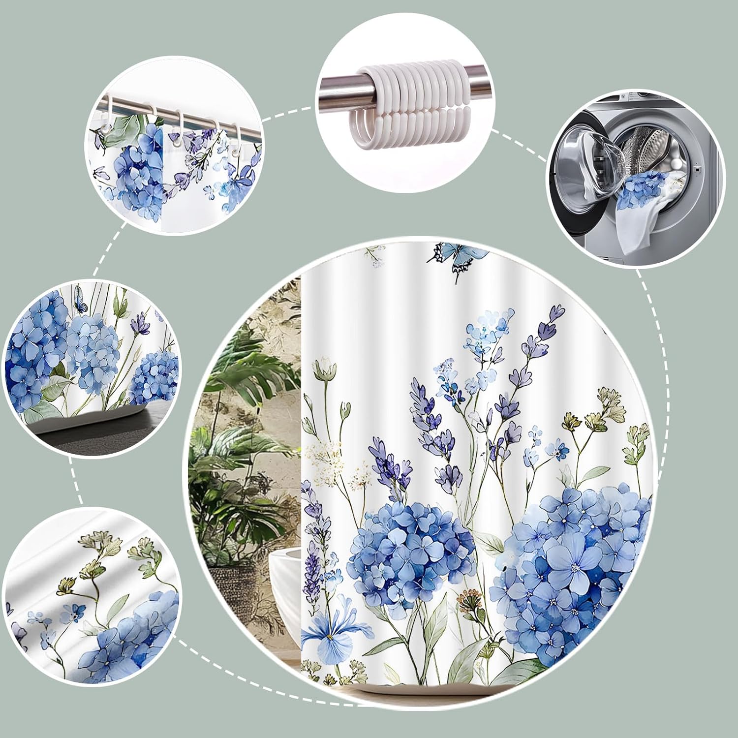 Blue Hydrangea Floral Shower Curtain Watercolor Spring Flower Blossom Green Leaves Butterfly Rustic Nature Plant Farmhouse Seasonal Bath Curtain Fabric Bathroom Accessories Decor with Hooks 70W x90L