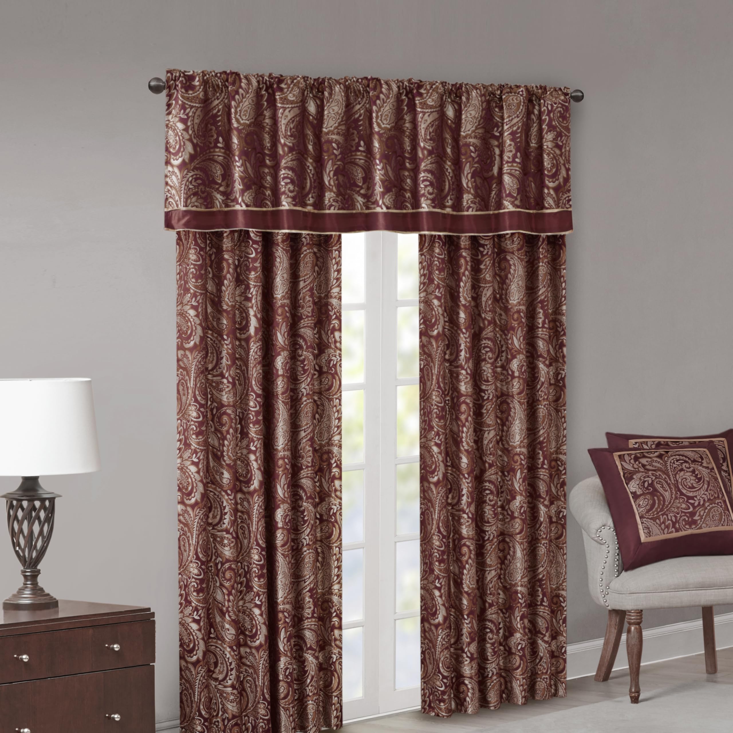 Madison Park Aubrey Rideau Jacquard Imitation Soie Cachemire avec Passe-Tringle pour Salon, Cuisine, Chambre à Coucher et dortoir, 127 x 213,4 cm, Bordeaux