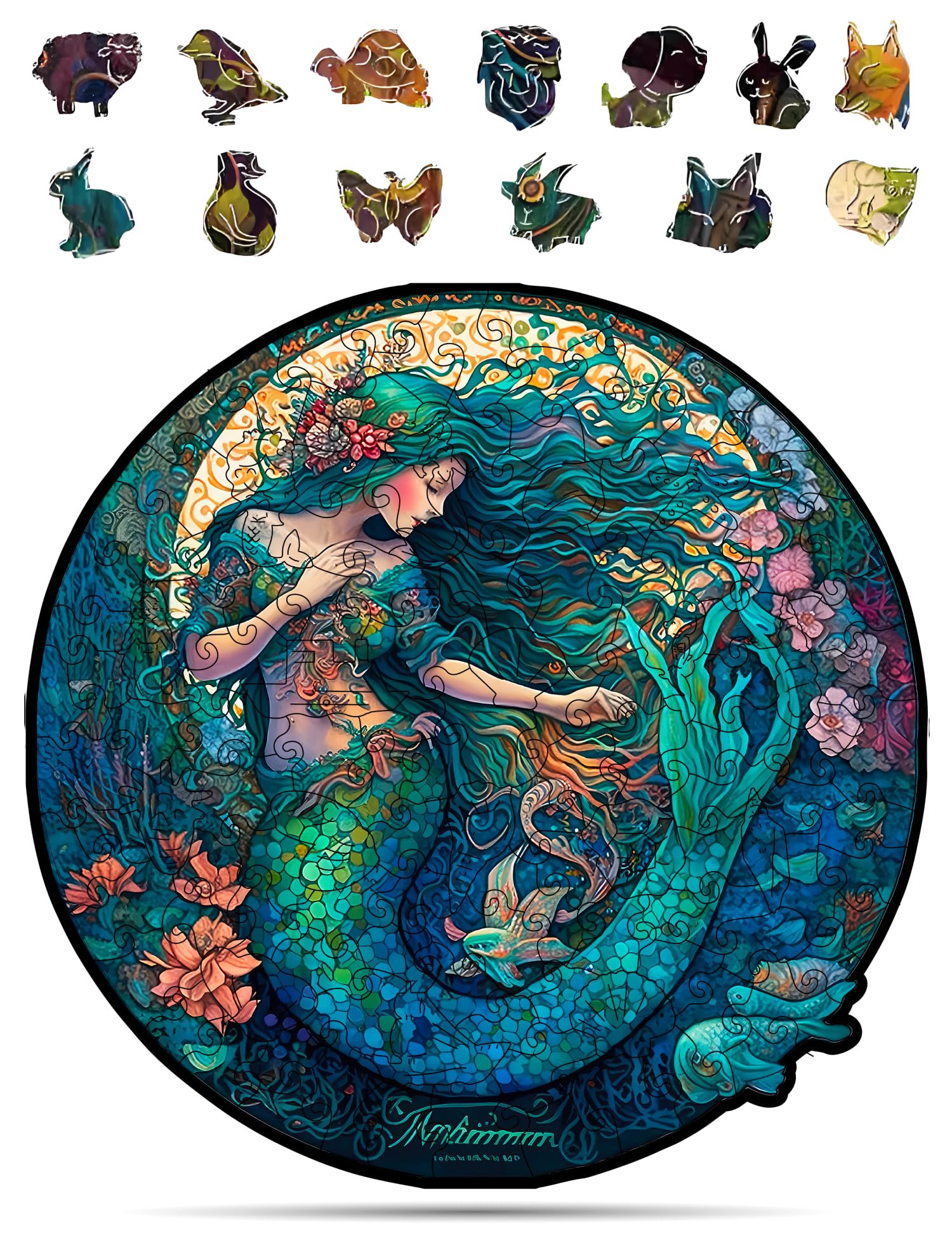 Mystical Creatures Wooden Puzzles for Adults, A3 Dreamy Mermaid with 127 Pieces, Jigsaw Puzzles with Unique Animal Shapes