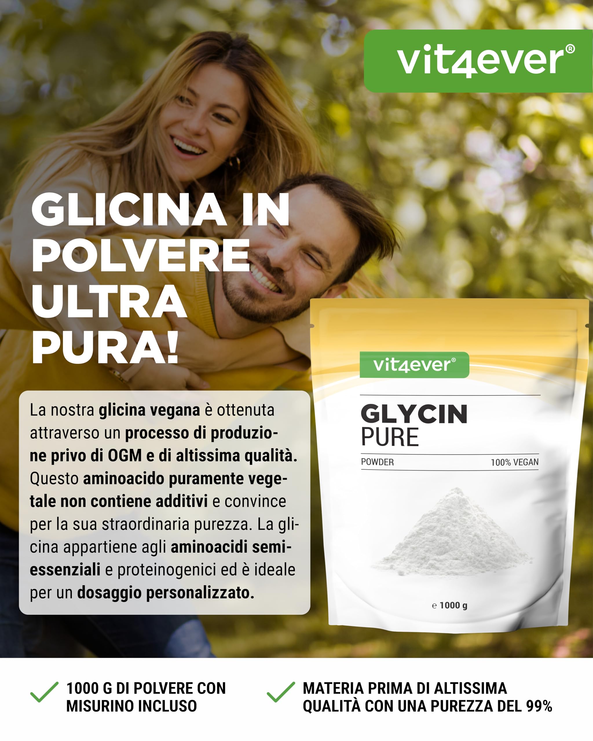 vit4ever Glicina pura - 1000 g (1 kg) di polvere pura senza additivi - Con cucchiaio dosatore - Amminoacido L-glicina dosato in modo ottimale, naturalmente dolce - Vegano