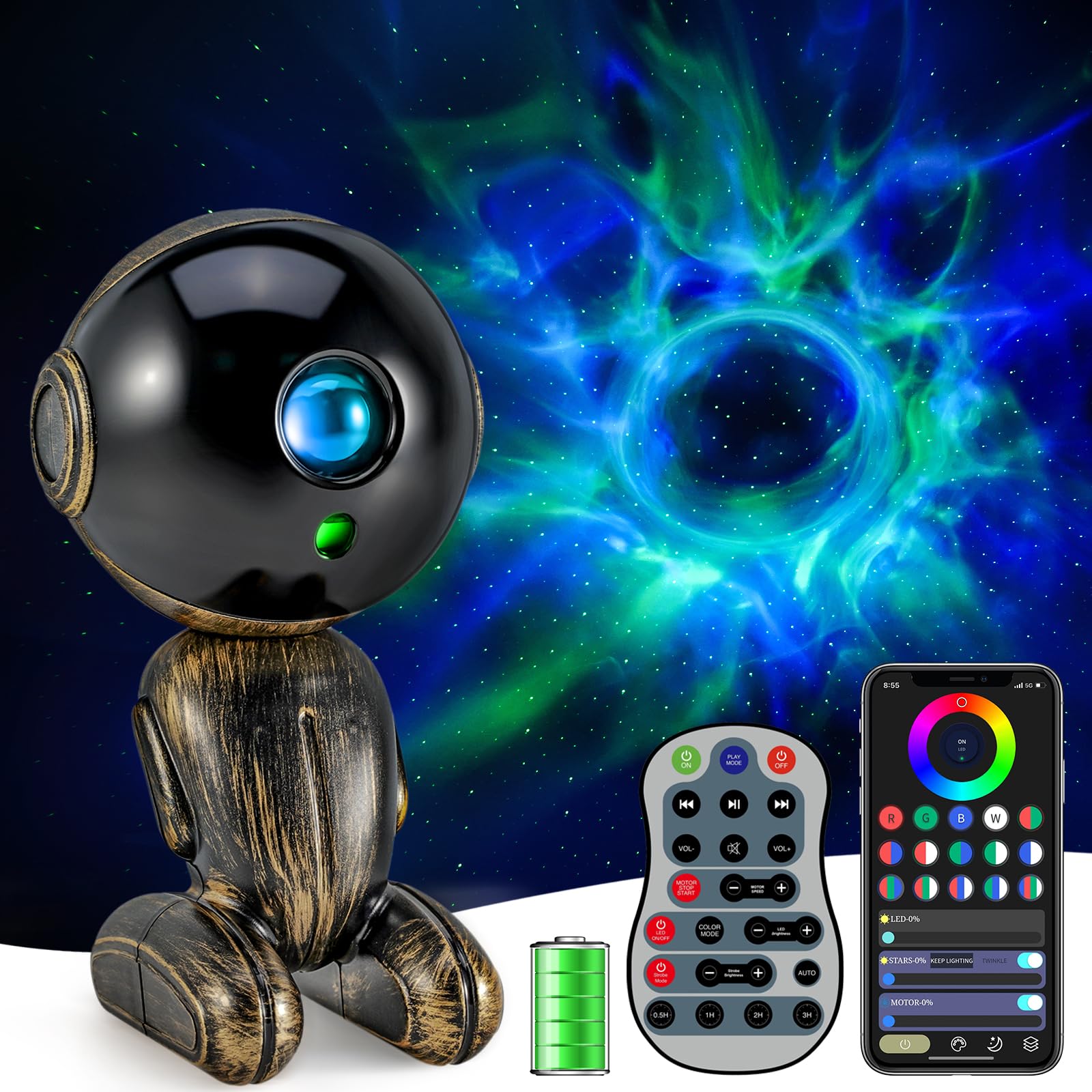 Robot Star Projector Night Light, Rechargeable Galaxy Star Projector Smart App Nebula Projector with Timer, Remote White Noise Speaker Stars for Ceiling Birthday's Gift for Children Adult