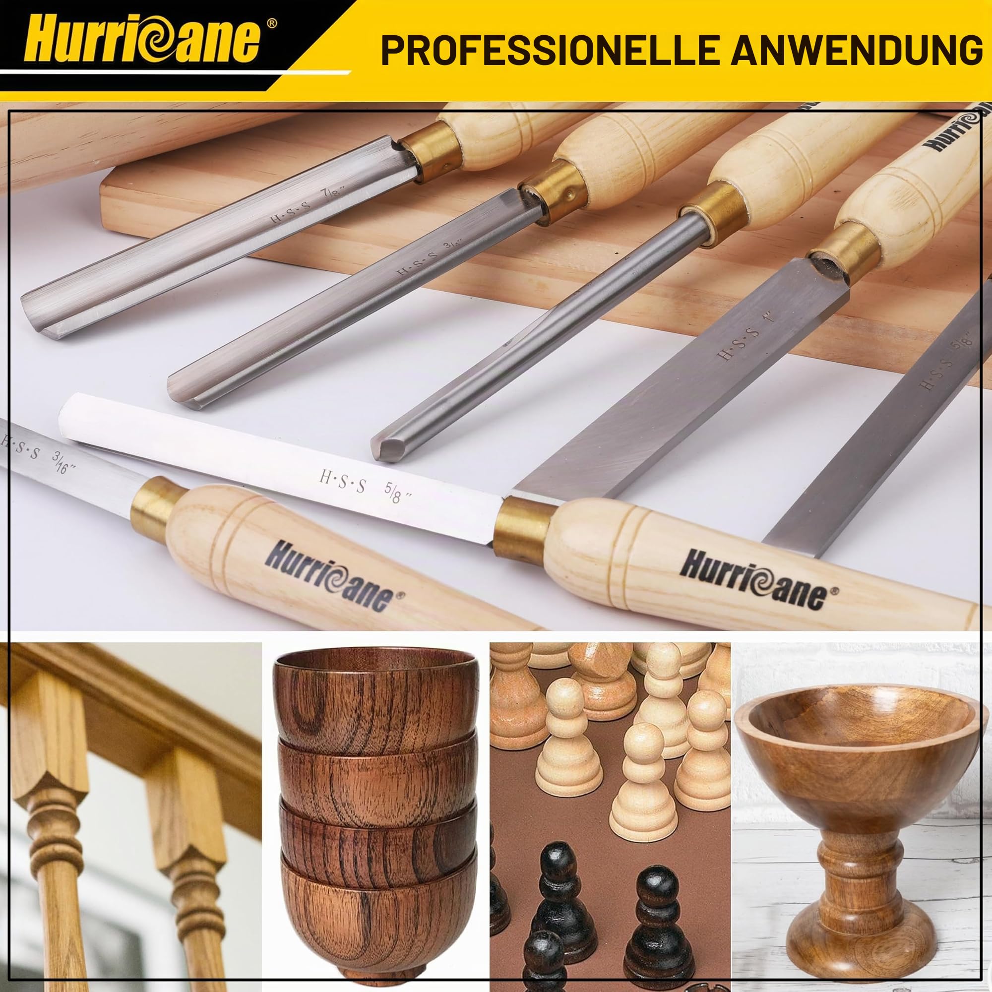 HURRICANE 8-teiliges Holz-Drechselbeitel-Set mit Holzbox, HSS-Drechselwerkzeuge für Holzbearbeitung, für präzises Schneiden und glatte, detaillierte Projekte