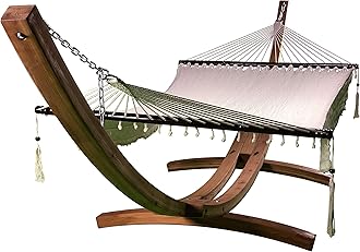 14 Ft. Wooden Arc Hammock Stand + Deluxe Hand Woven Bohemian Chic Rope Hammock Bed. 2 Person Bed. 450 LB Capacity(Natural Stain/White)