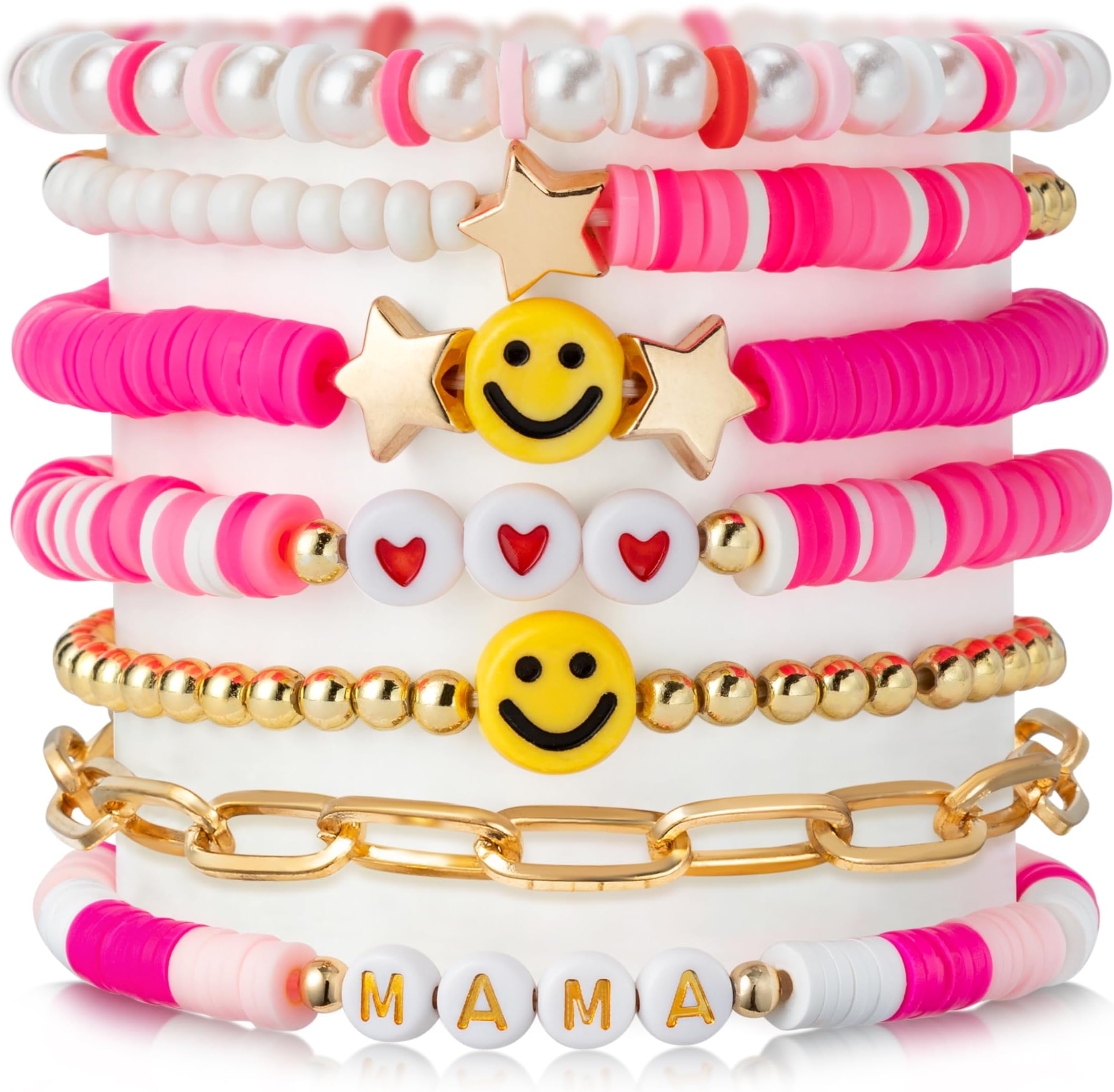 LieToi 7Pcs Preppy MAMA Heishi Bracelets Set Hot Pink Smile Heart Star Beaded Surfer Bracelets Gifts for Mom Polymer Clay Pearl Stackable Summer Beach Boho Layering Stretch Birthday Mothers Day Gifts,