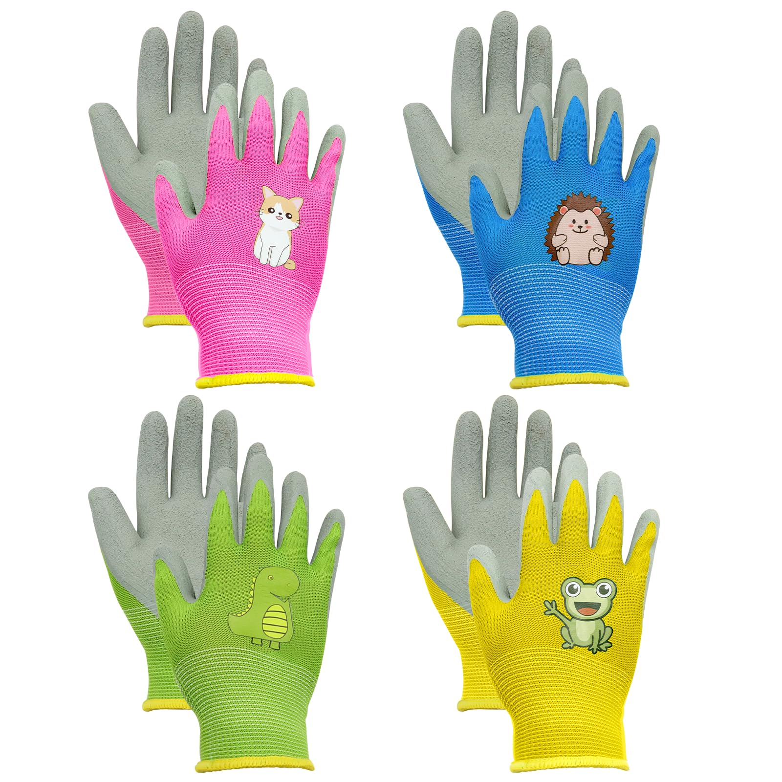 BORISCA 4 Paar Gartenhandschuhe Kinder, Cartoon-Muster, Verschleißfest, Rutschfest, Schutzhandschuhe für 7-10 Jahre, Mehrfarbig, Small