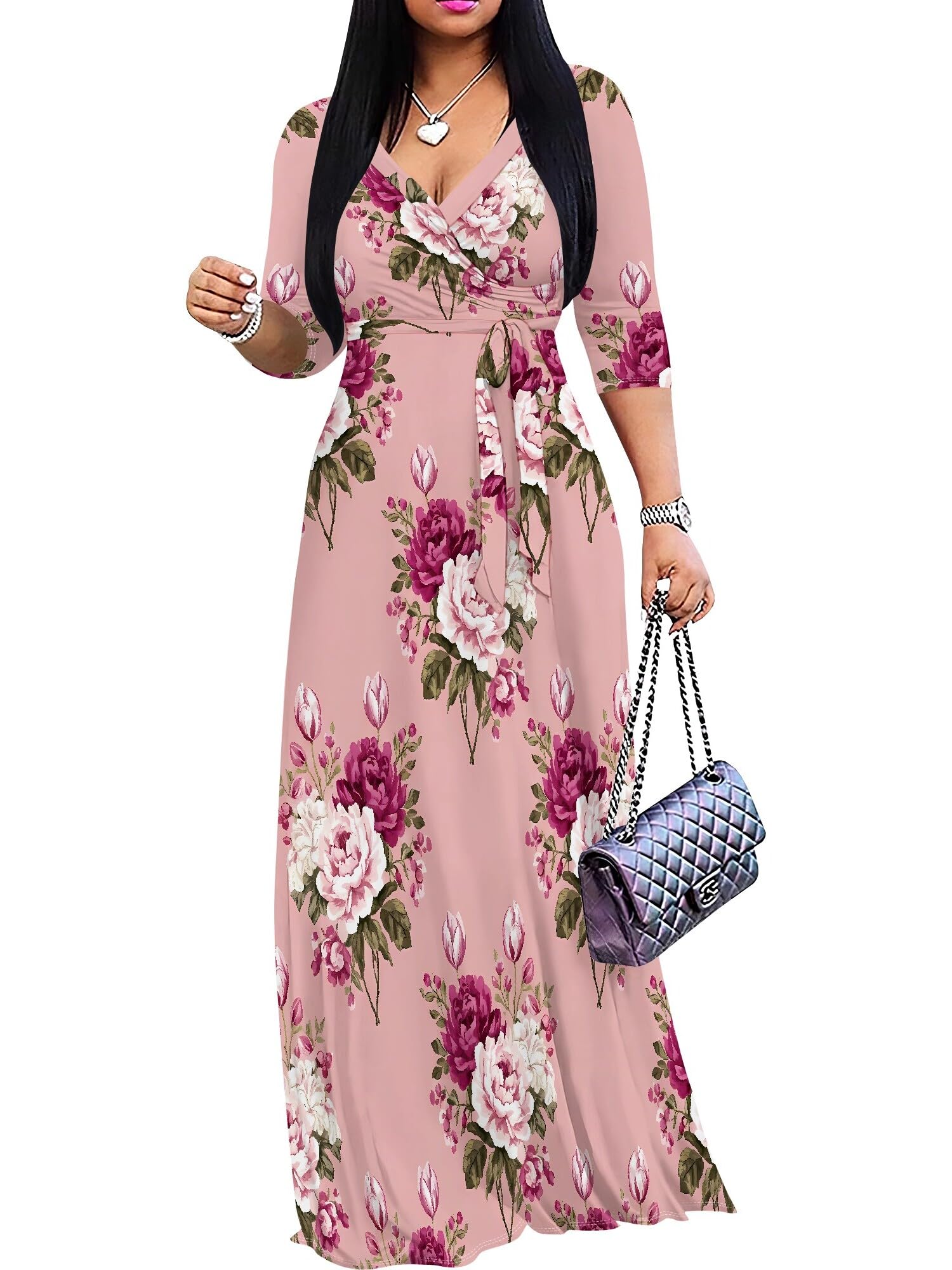 PinkPatty Women's Plus Size Maxi Dresses Casual Flowy 3/4 Sleeves Dress Printed Vacation Dress for Daily Wear with Belt