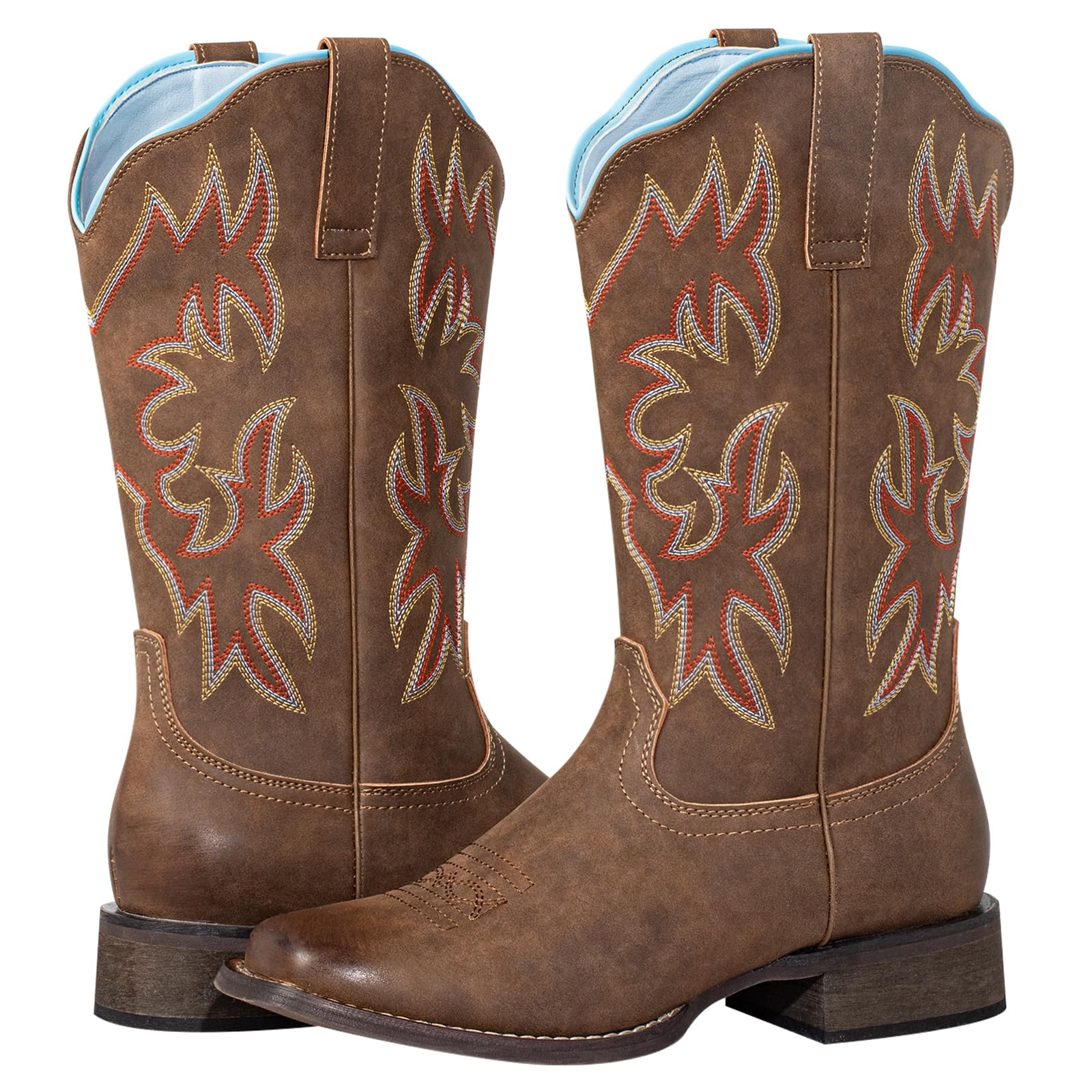 J's.o.l.e Stivali da cowboy da donna con punta quadrata, polpaccio largo, stile western, con ricamo classico, marrone