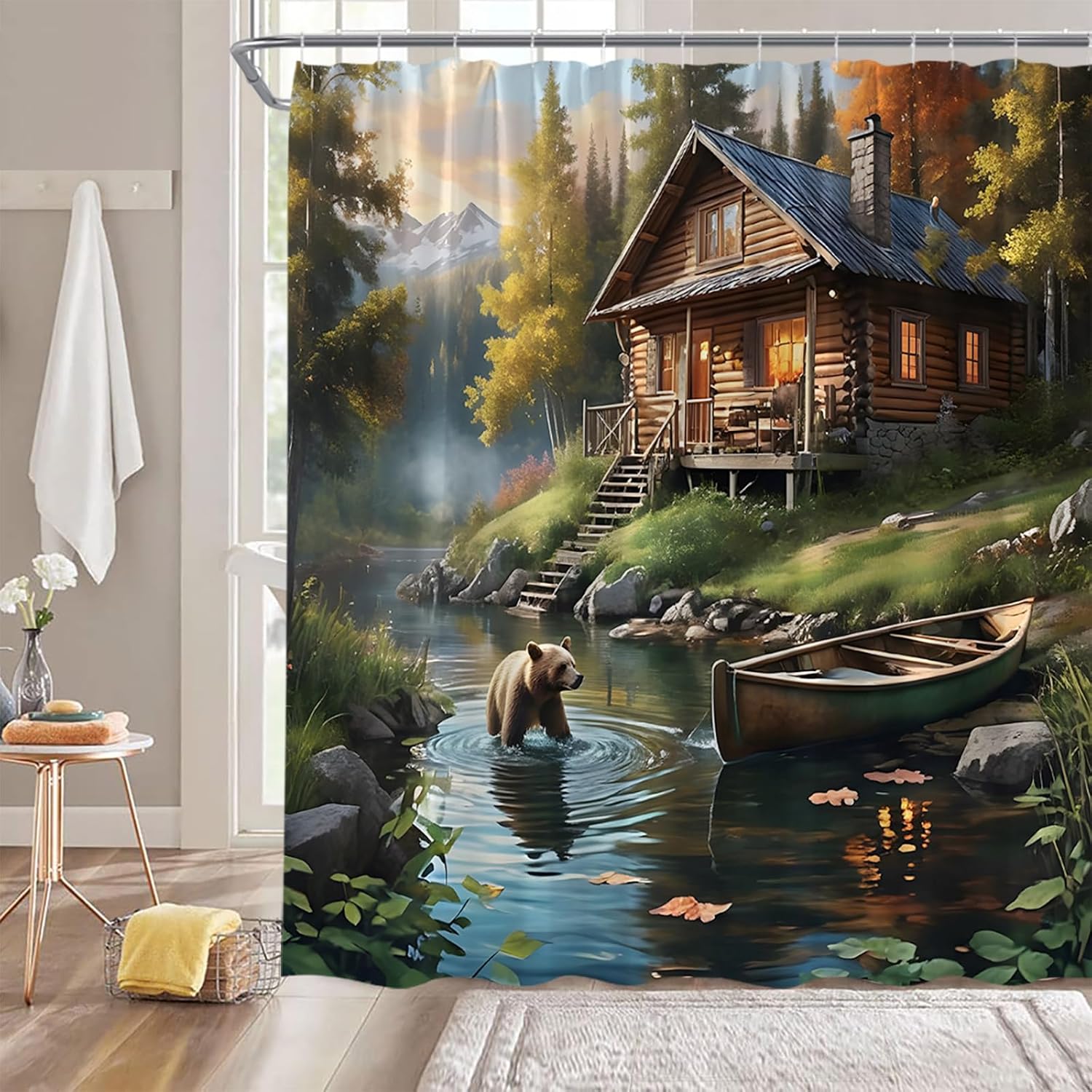 Rustic Bear Shower Curtain Cabin Lodge Wild Animal Mountain Forest Country Nature Landscape Bathroom Decor Polyester Curtains with Hooks