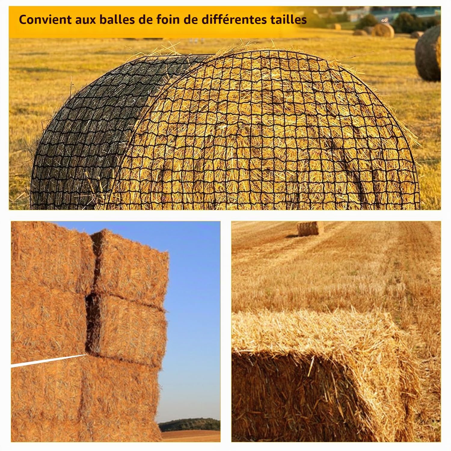 Filet a Foin Chevaux, 5x5ft Filet à Foin Balles Rondes, Stable Résistant à l'usure, Maille 4,5cm pour Chevaux, Allongement du Temps d'Ingestion pour Une Alimentation Adaptée aux Espèces