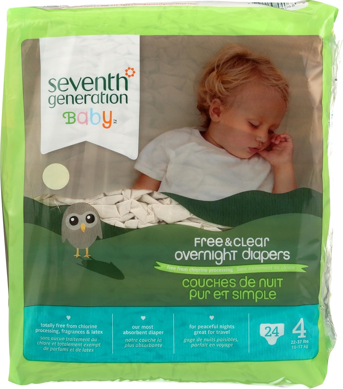 Seventh Generation Baby Overnight Diapers, Free & Clear, Stage 4, 22-32lbs, 24 count (Packaging May Vary)