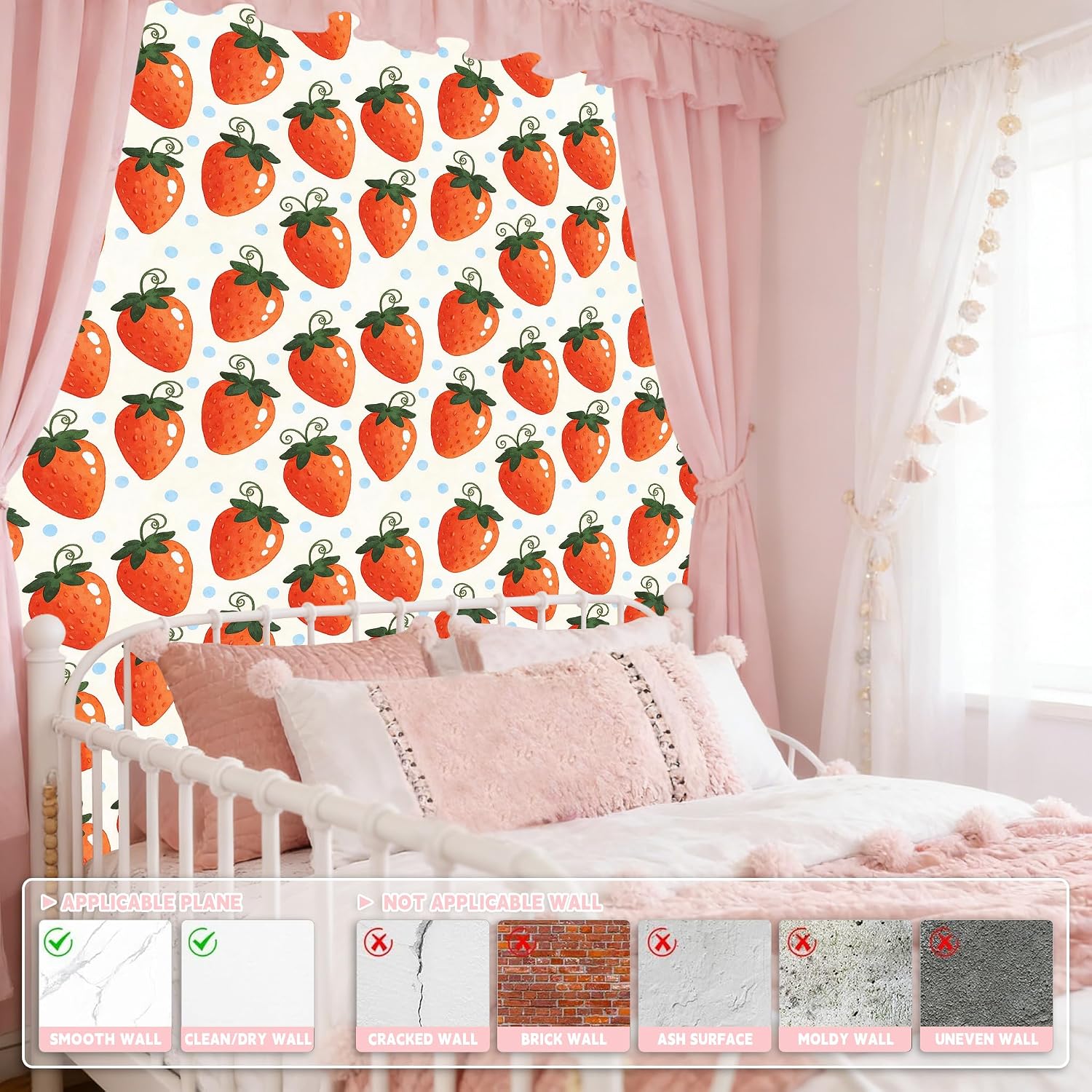 Cute Strawberry Peel and Stick Wallpaper, Removable Self-Adhesive Fruit Wall Paper Renter Friendly Contact Paper for Girls Nursery Bedroom Wall Decor (Cute Red Strawberries, 17.7x118 in)