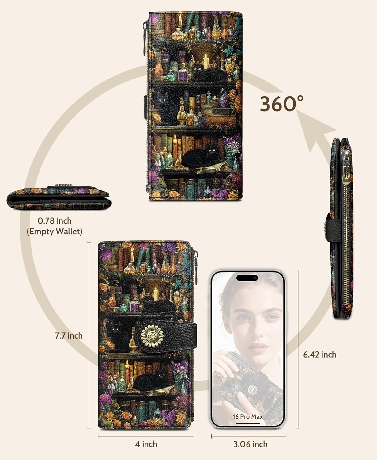 GIANCOMICS Black Cat Book Shelf Womens Wallet RFID Blocking, Witchy Credit Card Holder Bifold, PU Leather Travel Billfold, Long Cute Cash Purse, Zipper Coin Pocket Clutch, Card Slot, Ladies Gift Woman - Image 5